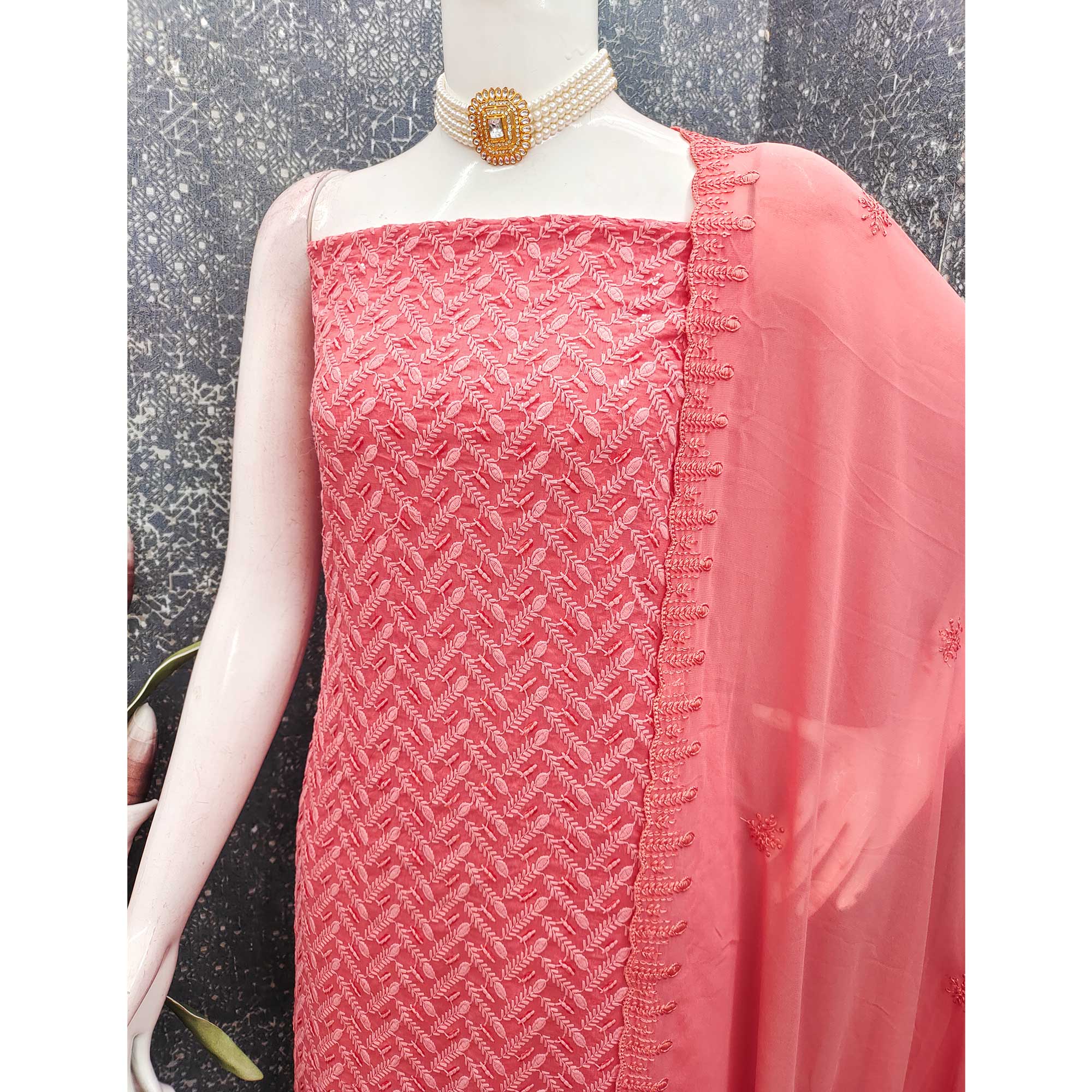Lightweight Coral Pink Georgette Dress Material Adorned with Beautiful Floral Embroidery