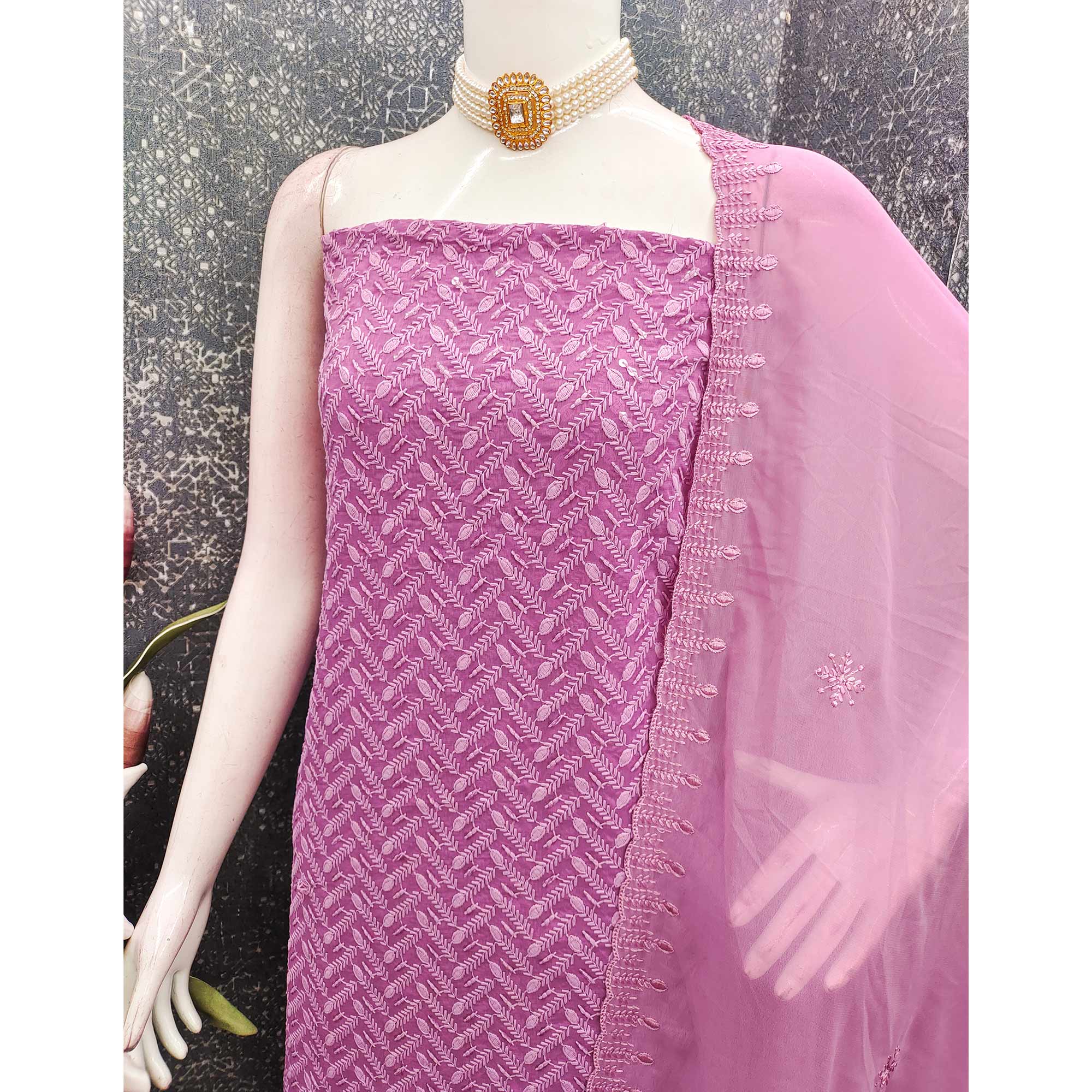 Lightweight Pink Georgette Dress Material Adorned with Beautiful Floral Embroidery