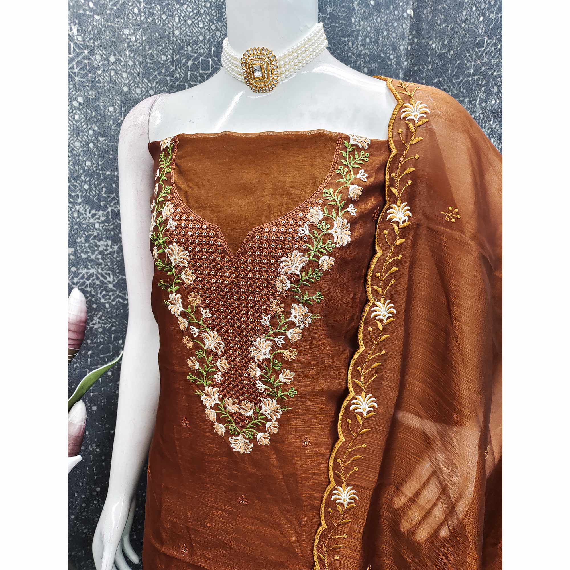 Brown Floral Embroidered Art Silk Suit Material Ideal for Festive and Celebration Looks