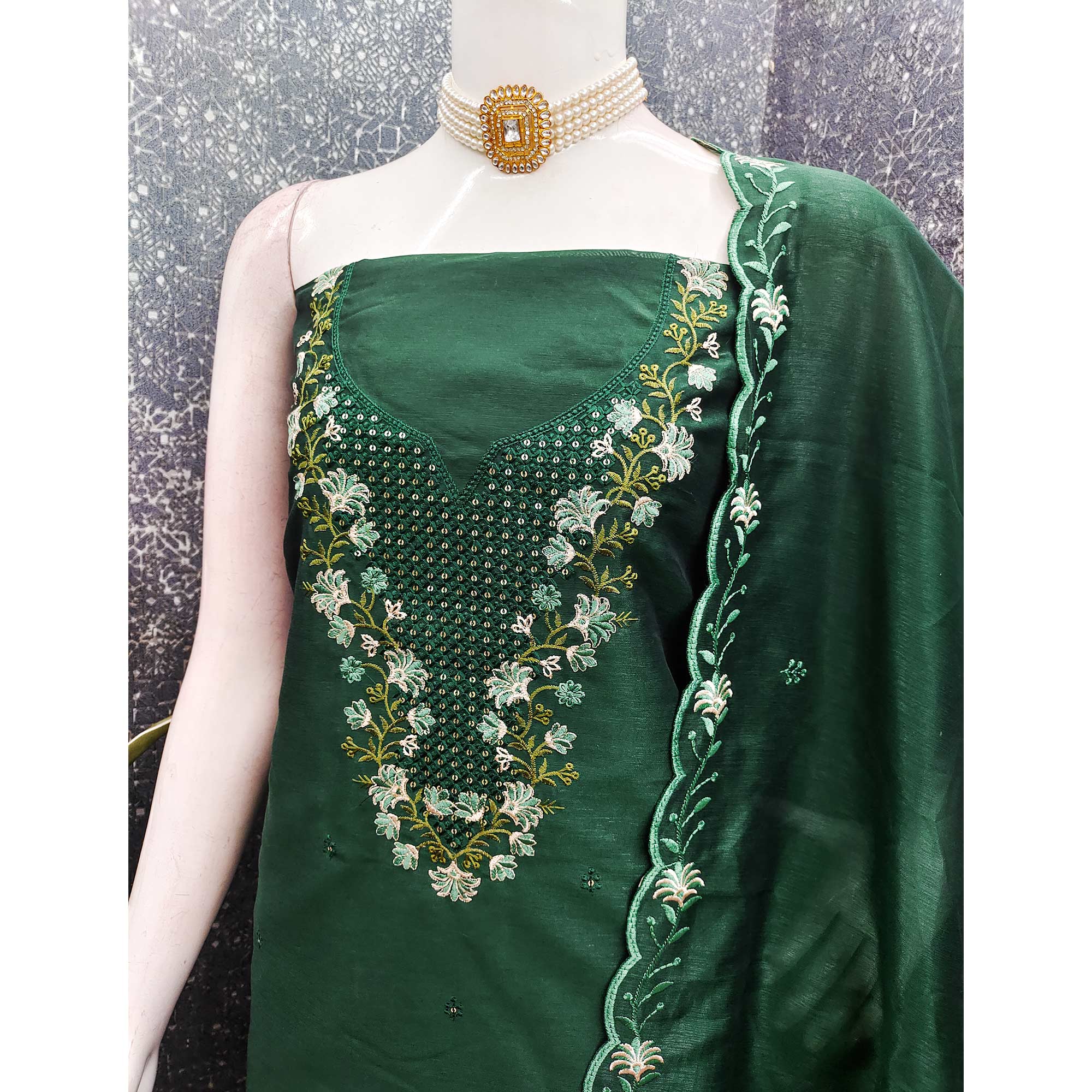 Green Floral Embroidered Art Silk Suit Material Ideal for Festive and Celebration Looks