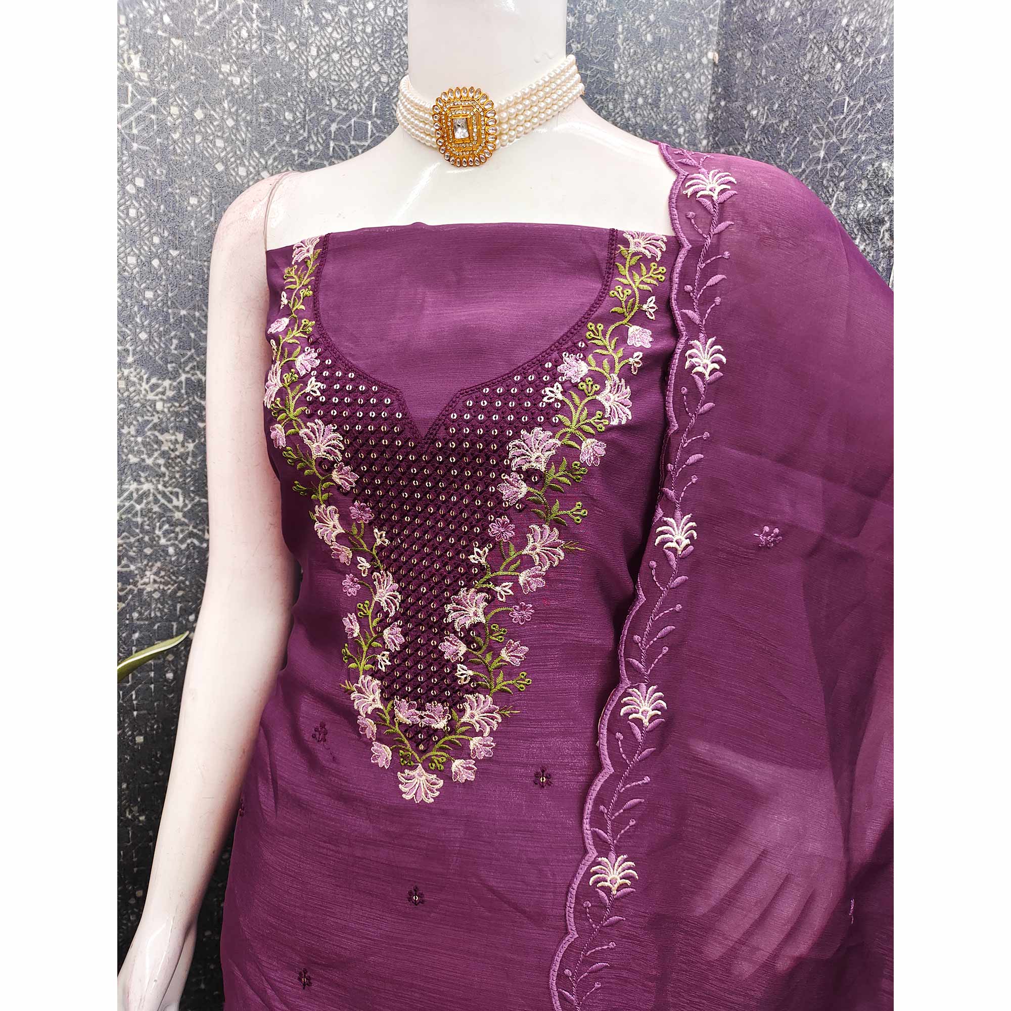 Purple Floral Embroidered Art Silk Suit Material Ideal for Festive and Celebration Looks
