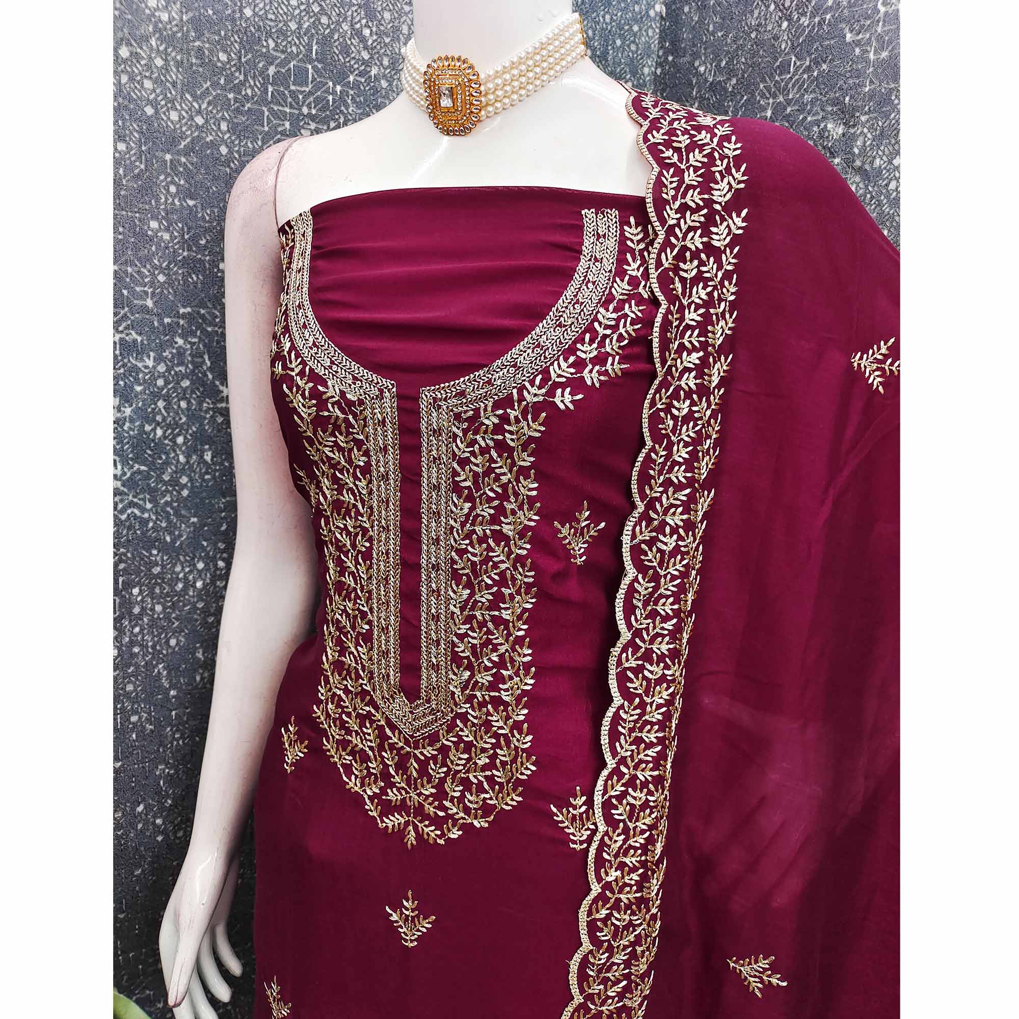 Elegant Dark Rani Pink Zari Embroidery & Sequins Embellished Vichitra Silk Dress Material