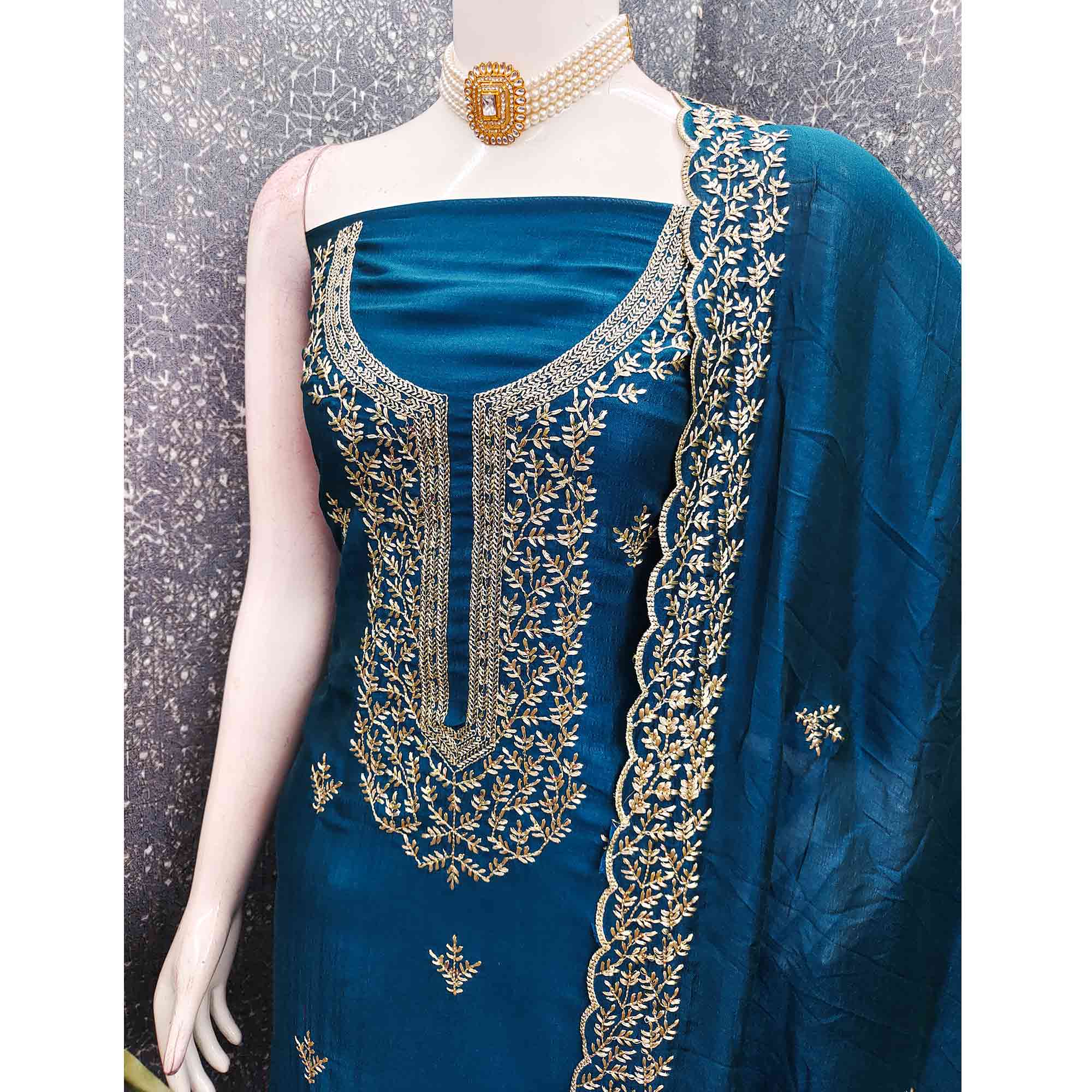 Elegant Morpich Blue Zari Embroidery & Sequins Embellished Vichitra Silk Dress Material