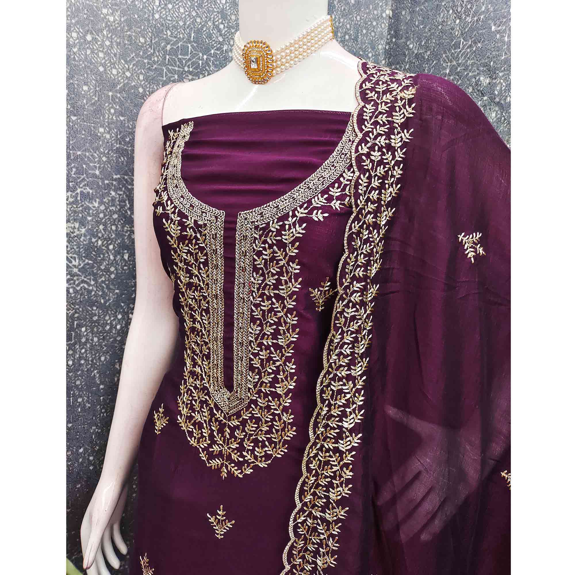 Elegant Wine Zari Embroidery & Sequins Embellished Vichitra Silk Dress Material