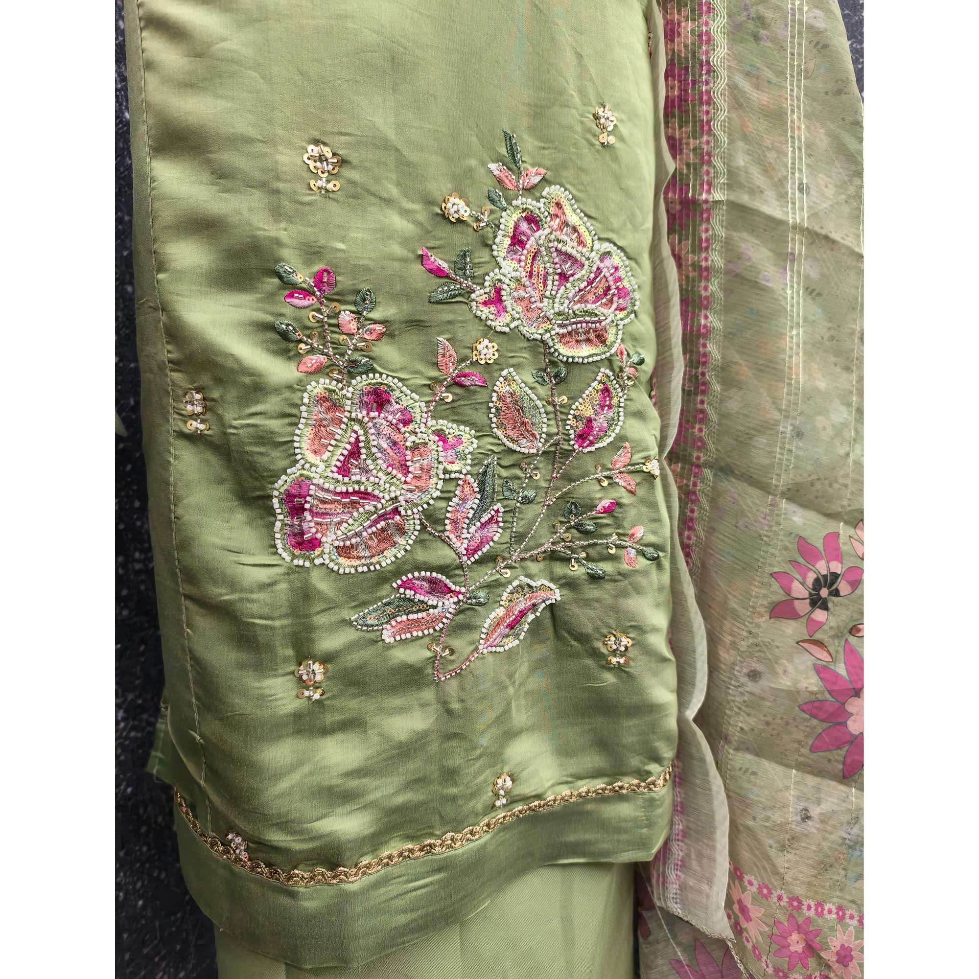 Green Embroidered Chanderi Silk Unstitched Dress Material with Delicate Beads Work