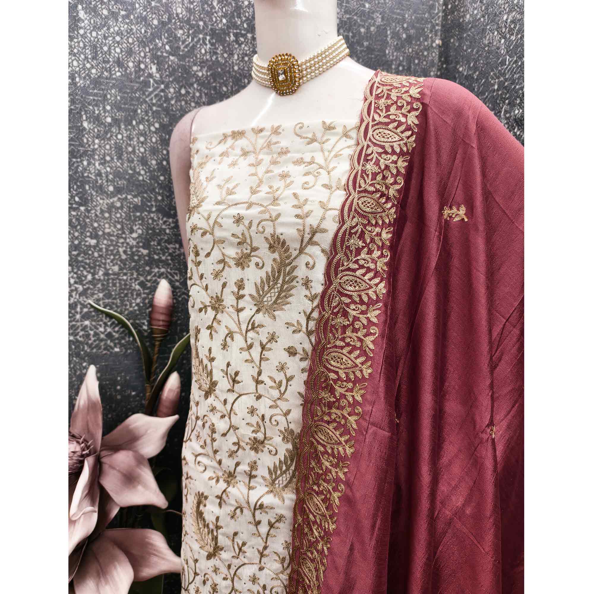 Cream & Maroon Lustrous Vichitra Silk Dress Material Accented with Artistic Thread Embroidery
