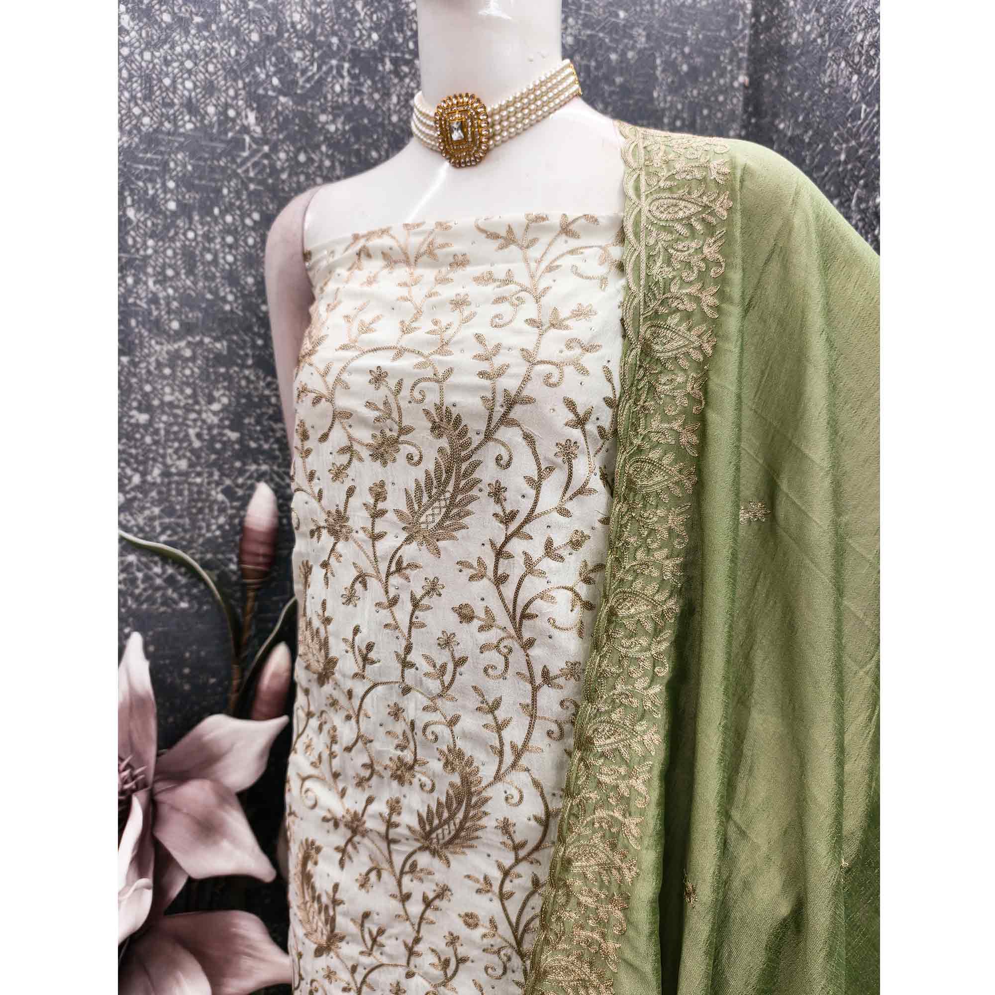 Cream & Green Lustrous Vichitra Silk Dress Material Accented with Artistic Thread Embroidery