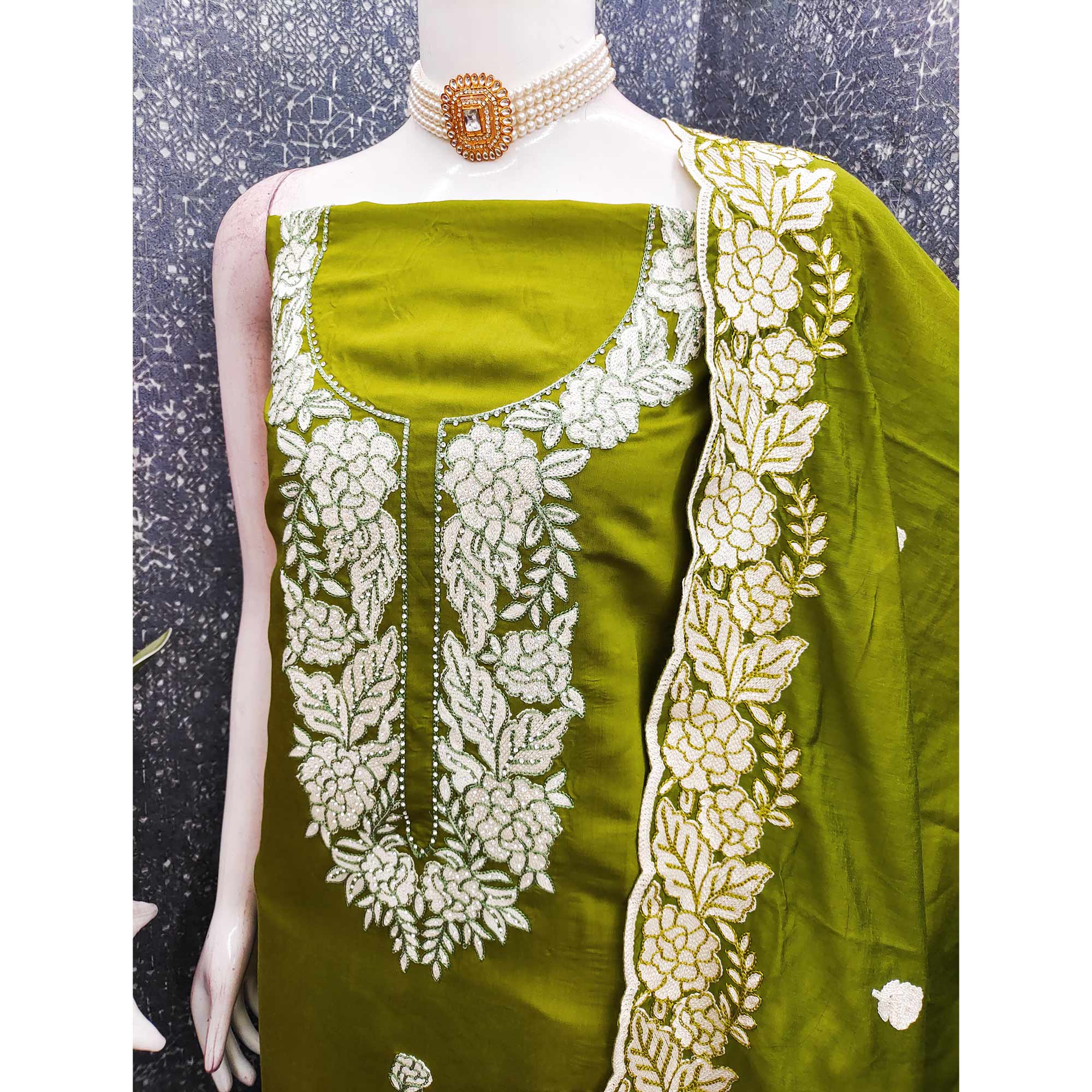 Mehendi Green Rich Viscose Dress Material Highlighted with Refined Floral Thread Embroidery