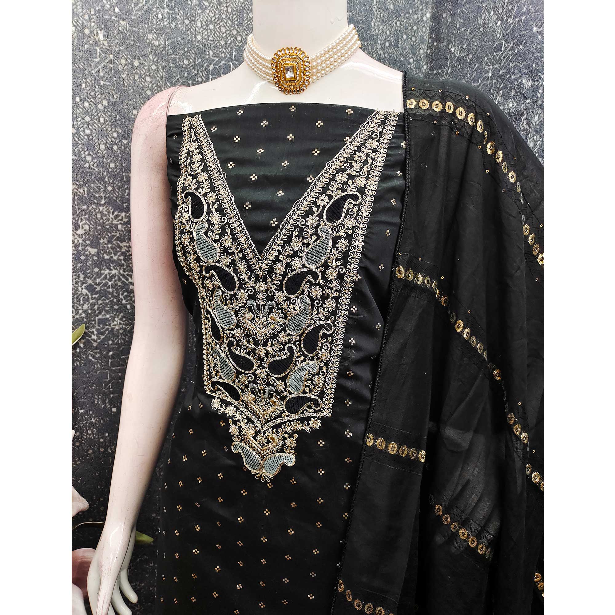 Black Weaving Chanderi Silk Dress Material Adorned With Cording Embroidery & Sequins Work