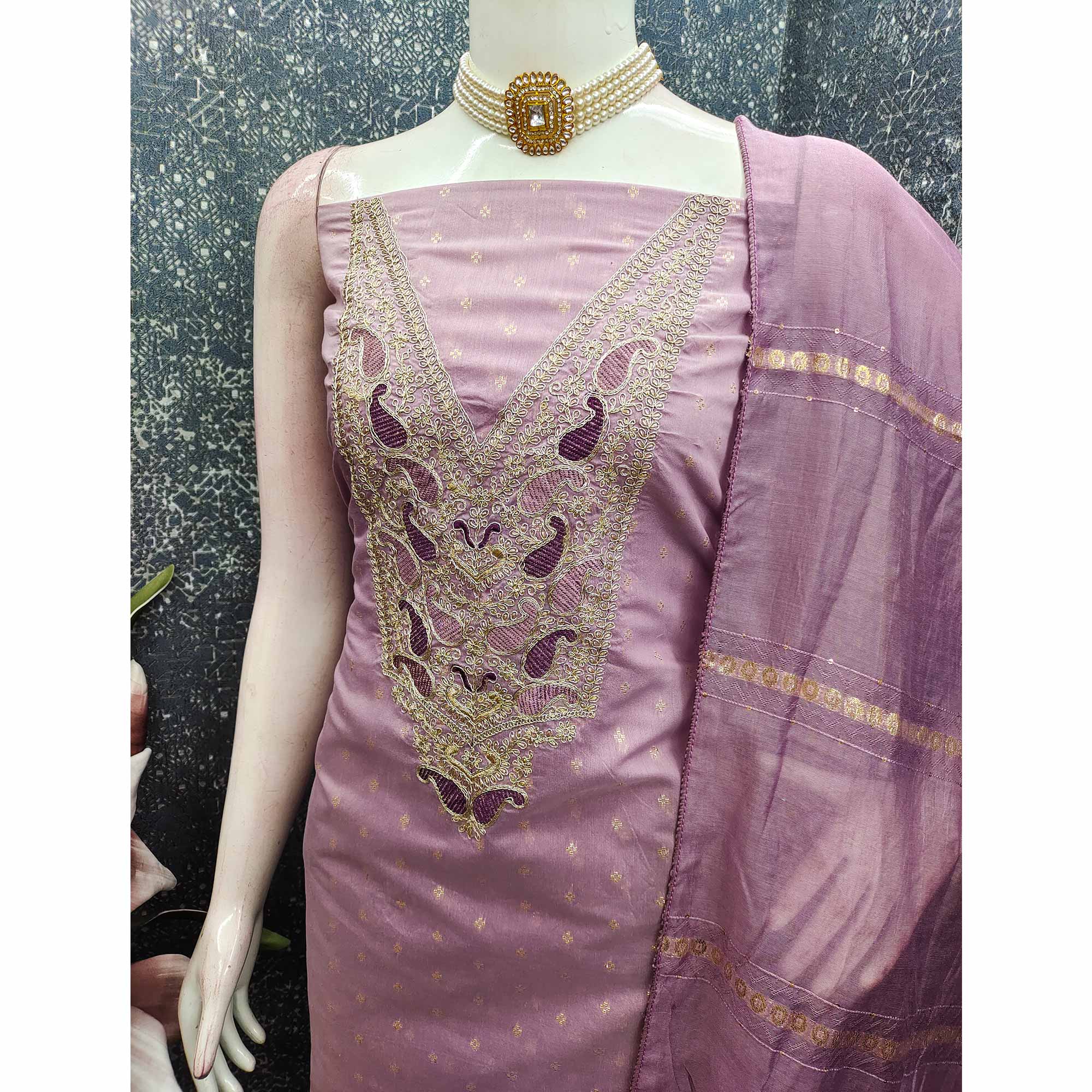 Lavender Weaving Chanderi Silk Dress Material Adorned With Cording Embroidery & Sequins Work