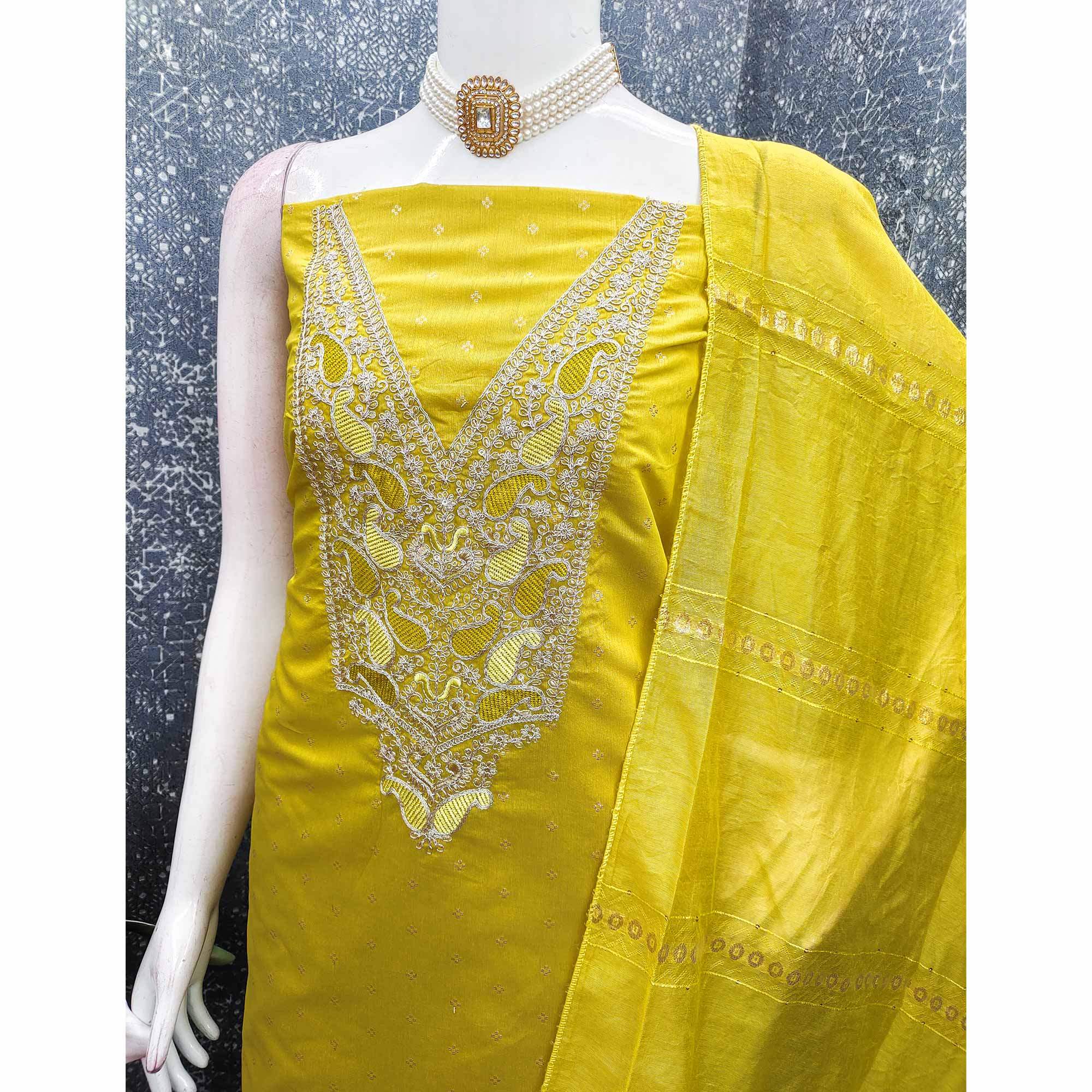 Lemon Yellow Weaving Chanderi Silk Dress Material Adorned With Cording Embroidery & Sequins Work