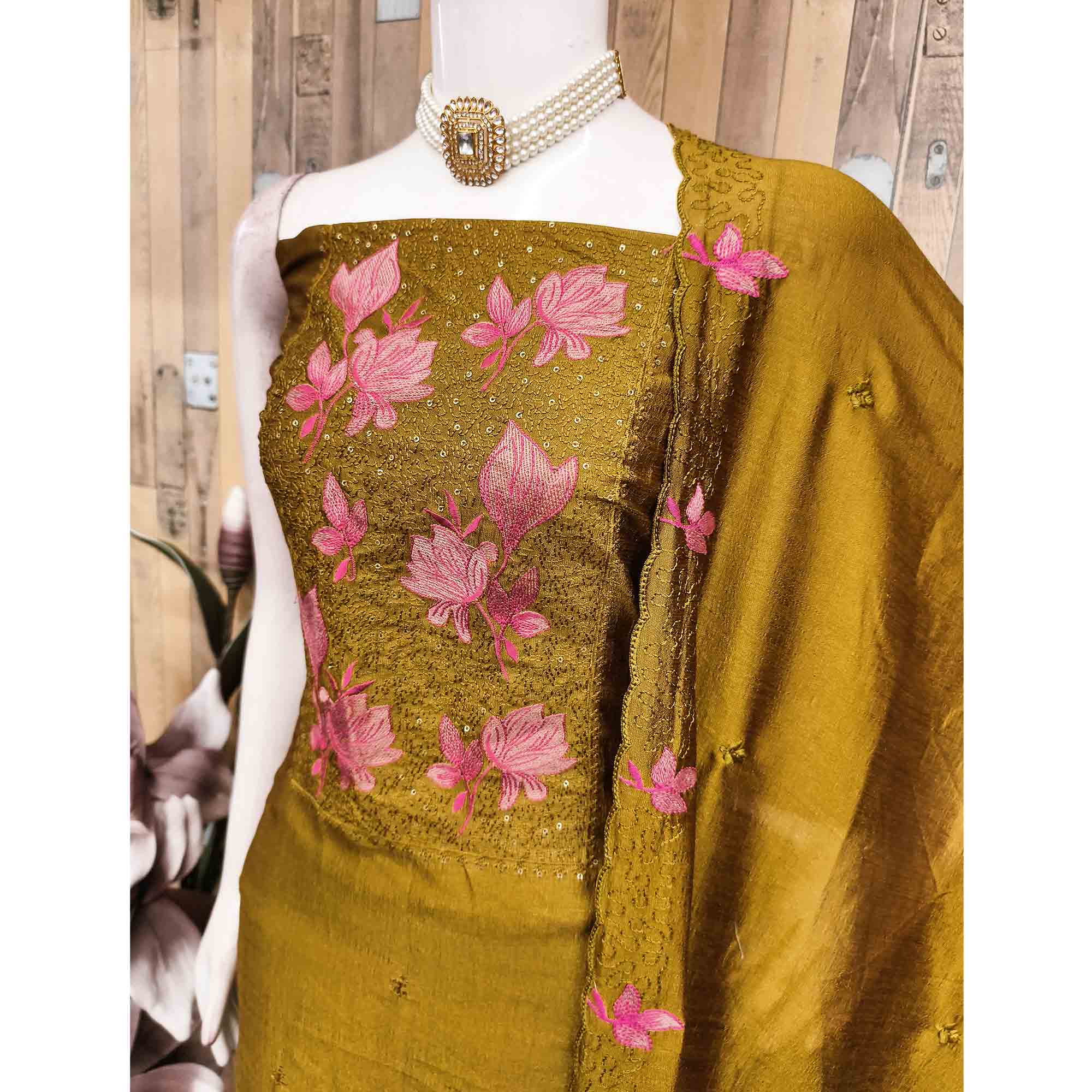 Mustard Floral Embroidered Vichitra Silk Dress Material for Elegant Ethnic Styling
