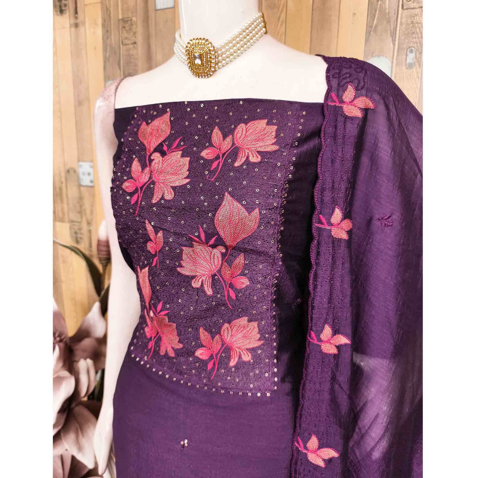 Purple Floral Embroidered Vichitra Silk Dress Material for Elegant Ethnic Styling