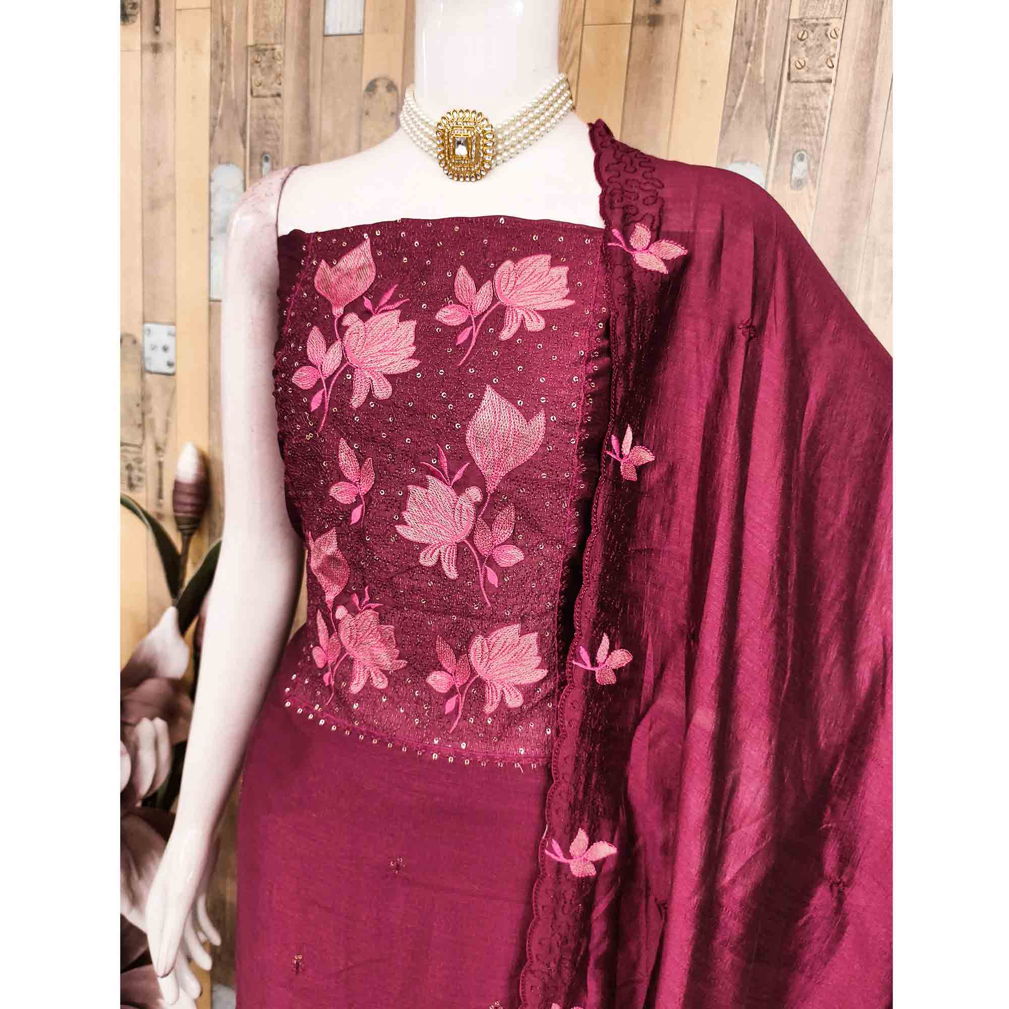 Wine Floral Embroidered Vichitra Silk Dress Material for Elegant Ethnic Styling
