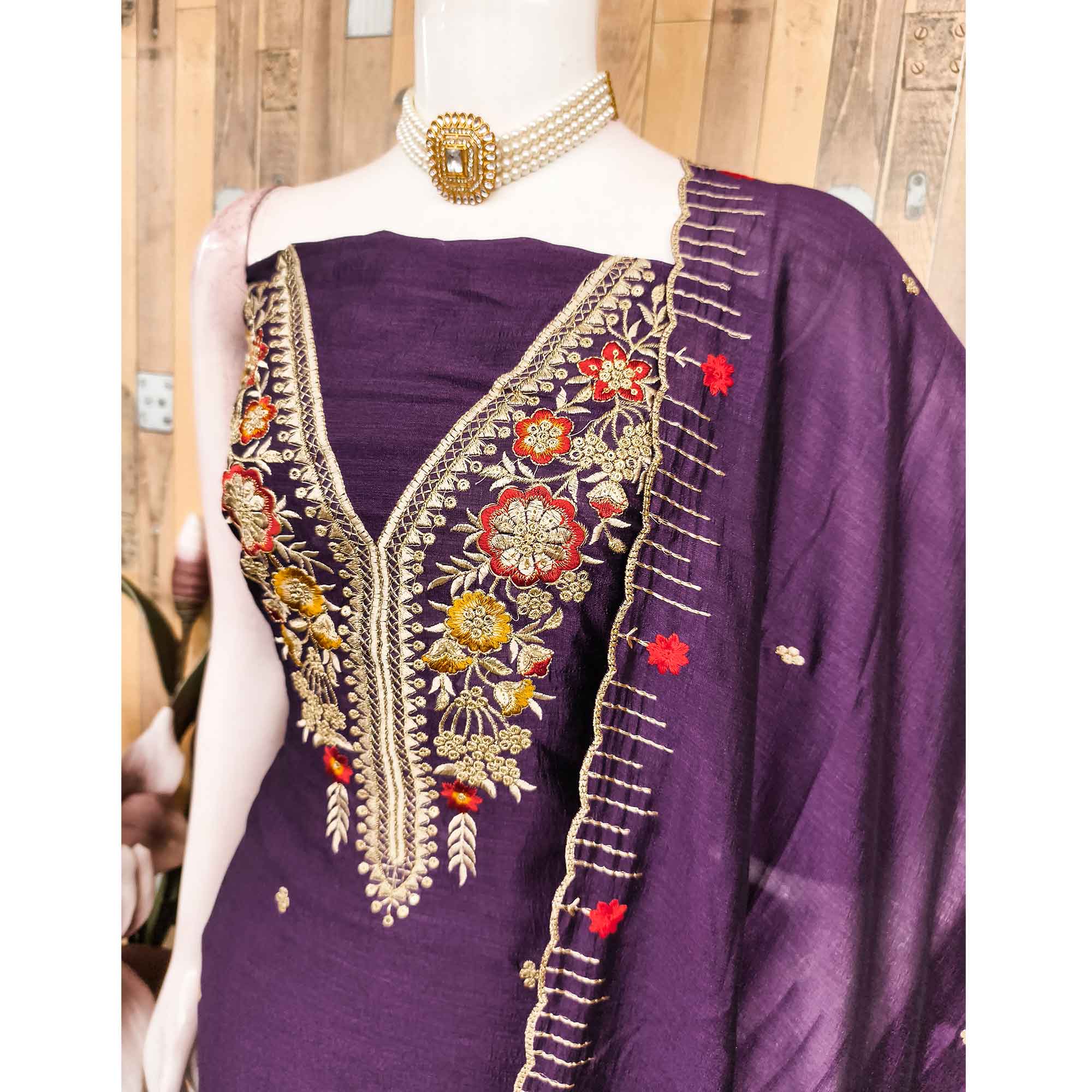 Purple Premium Vichitra Silk Dress Material Featuring Delicate Floral Embroidered Detailing