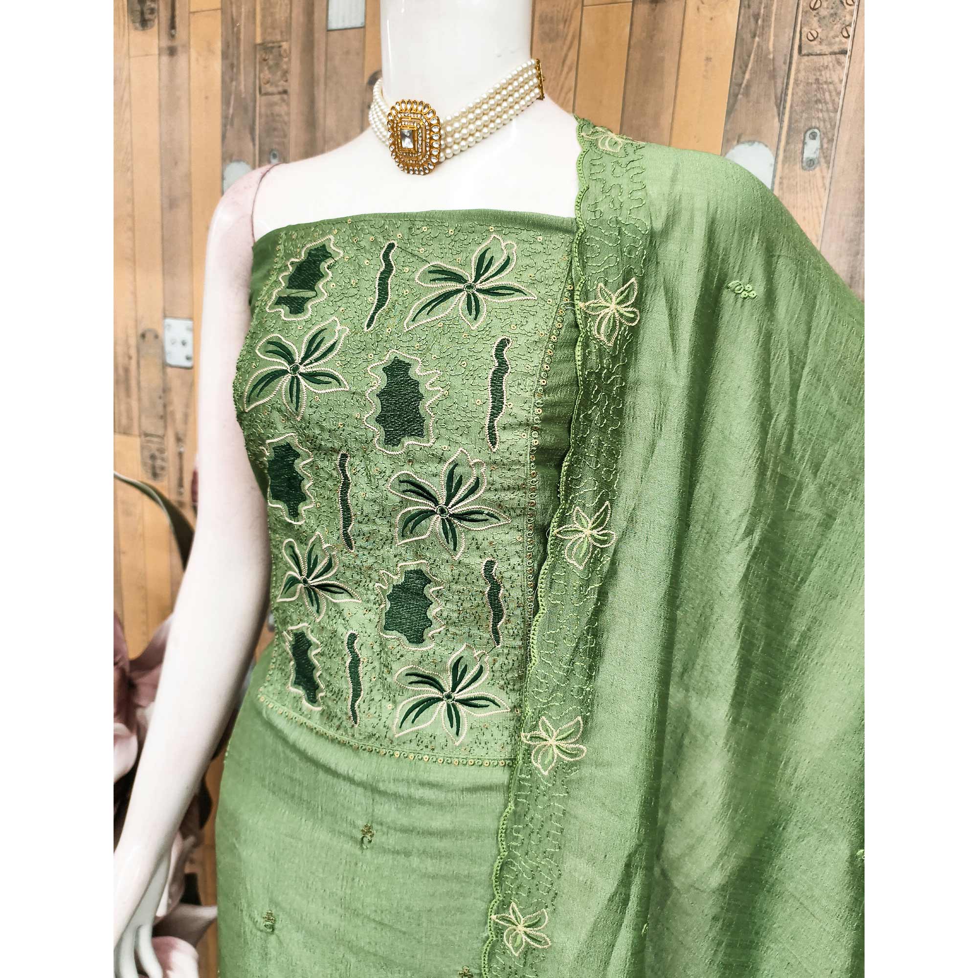 Green Floral Embroidery Enhanced Vichitra Silk Fabric Set for Stylish Traditional Outfits