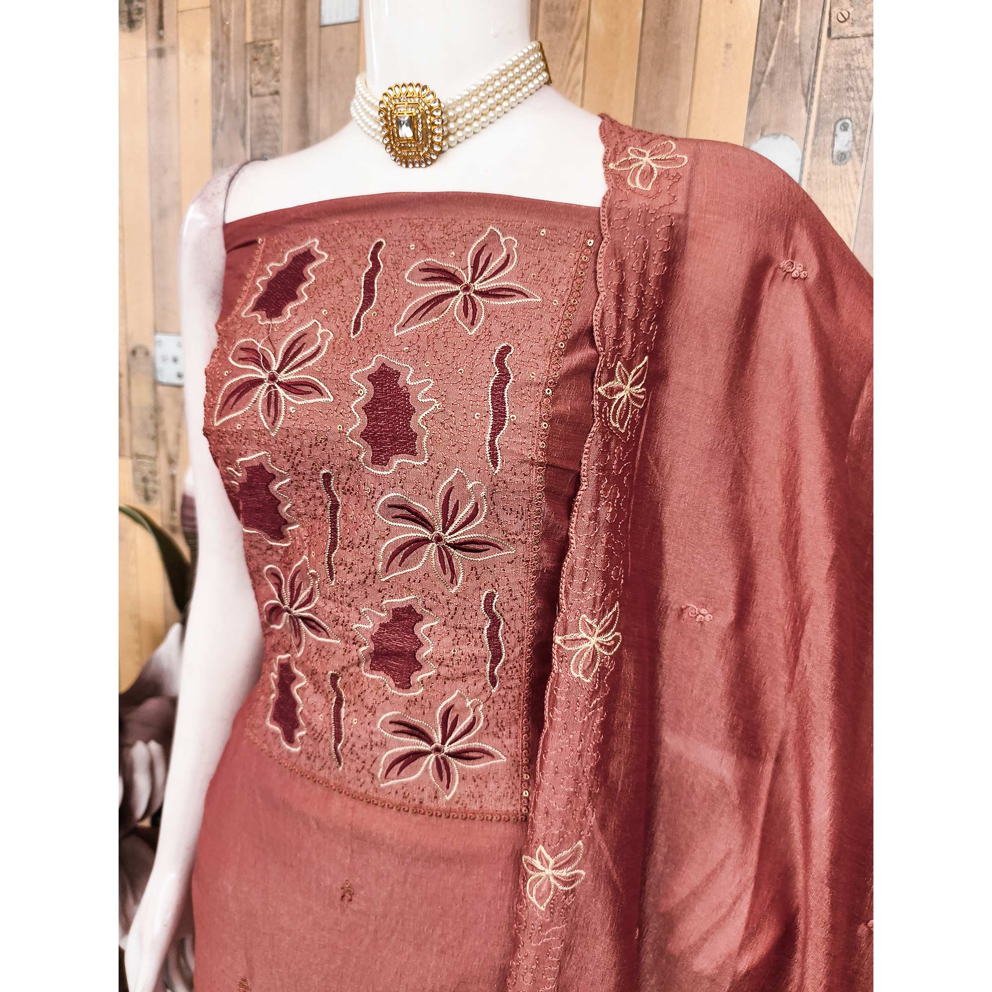 Peach Floral Embroidery Enhanced Vichitra Silk Fabric Set for Stylish Traditional Outfits