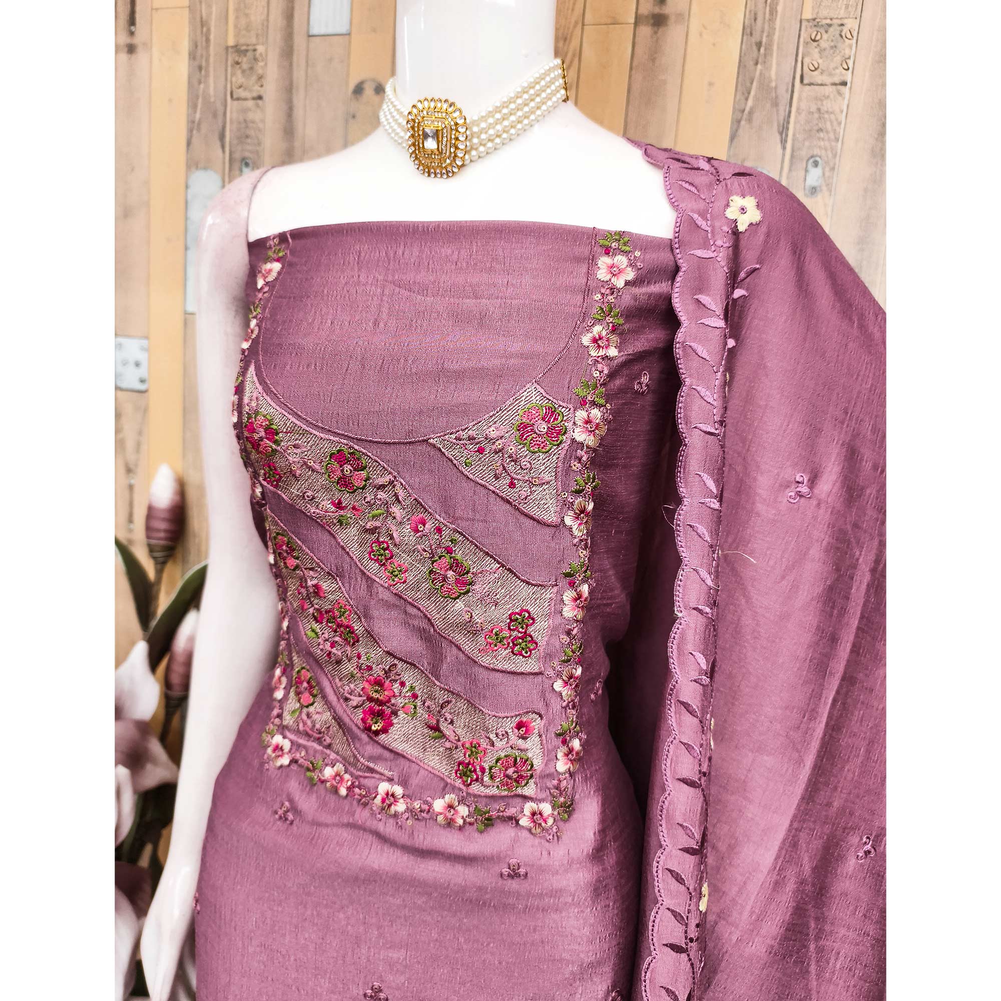 Mauve Embellished Vichitra Silk Dress Material with Graceful Floral Embroidery Work