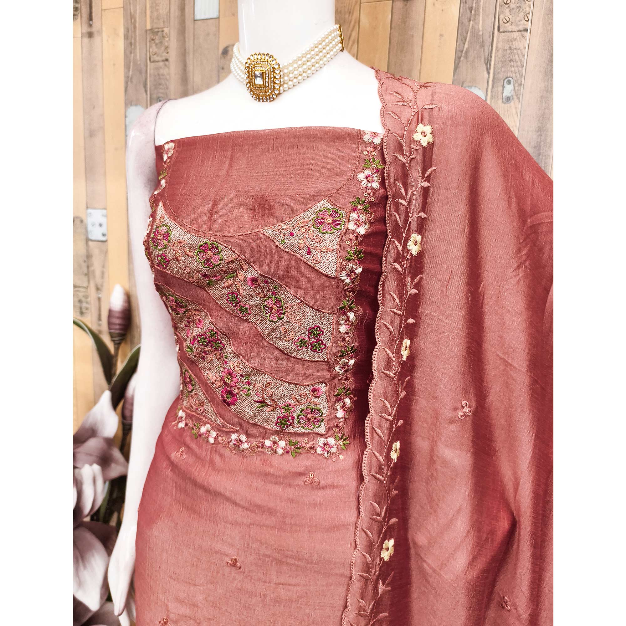 Peach Embellished Vichitra Silk Dress Material with Graceful Floral Embroidery Work