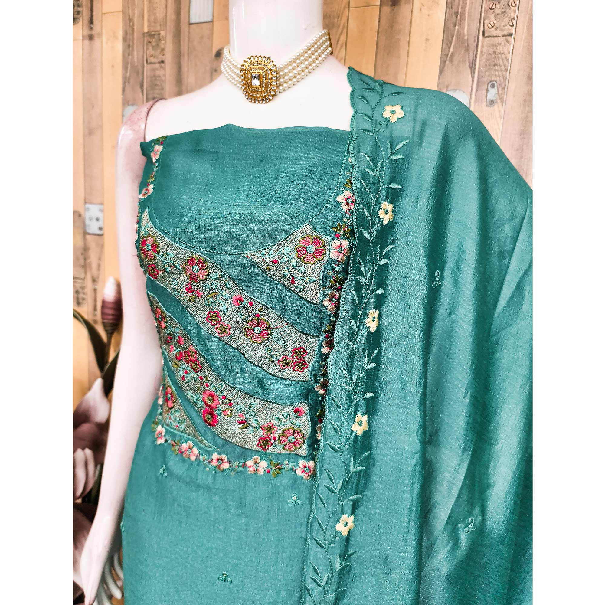 Teal Green Embellished Vichitra Silk Dress Material with Graceful Floral Embroidery Work