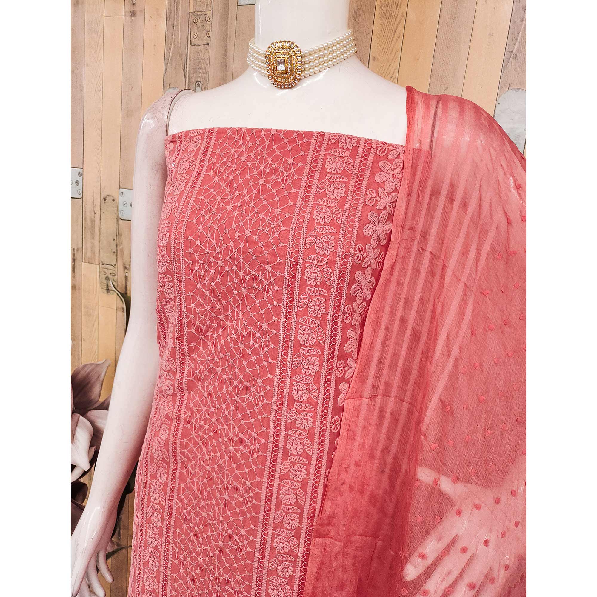Elegant Coral Pink Floral Embroidered Georgette Dress Material With Delicate Sequins Accents