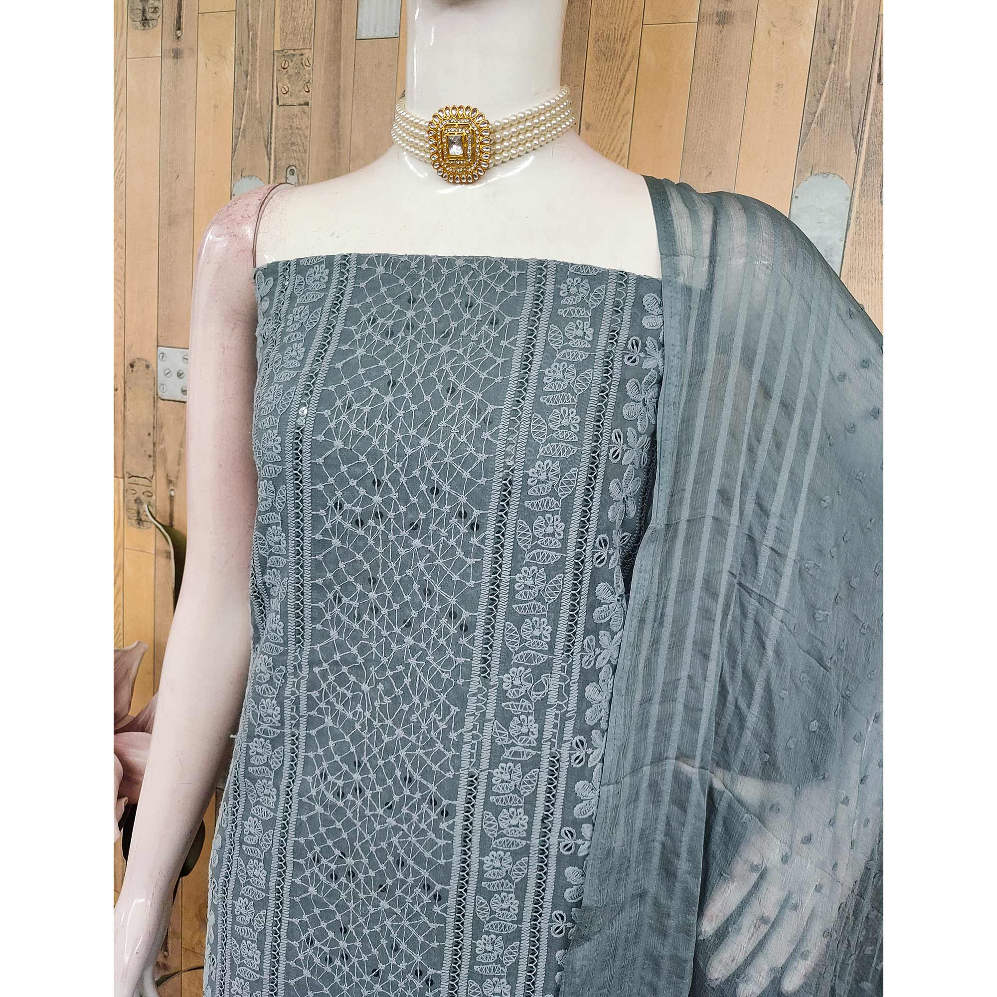 Elegant Grey Floral Embroidered Georgette Dress Material With Delicate Sequins Accents