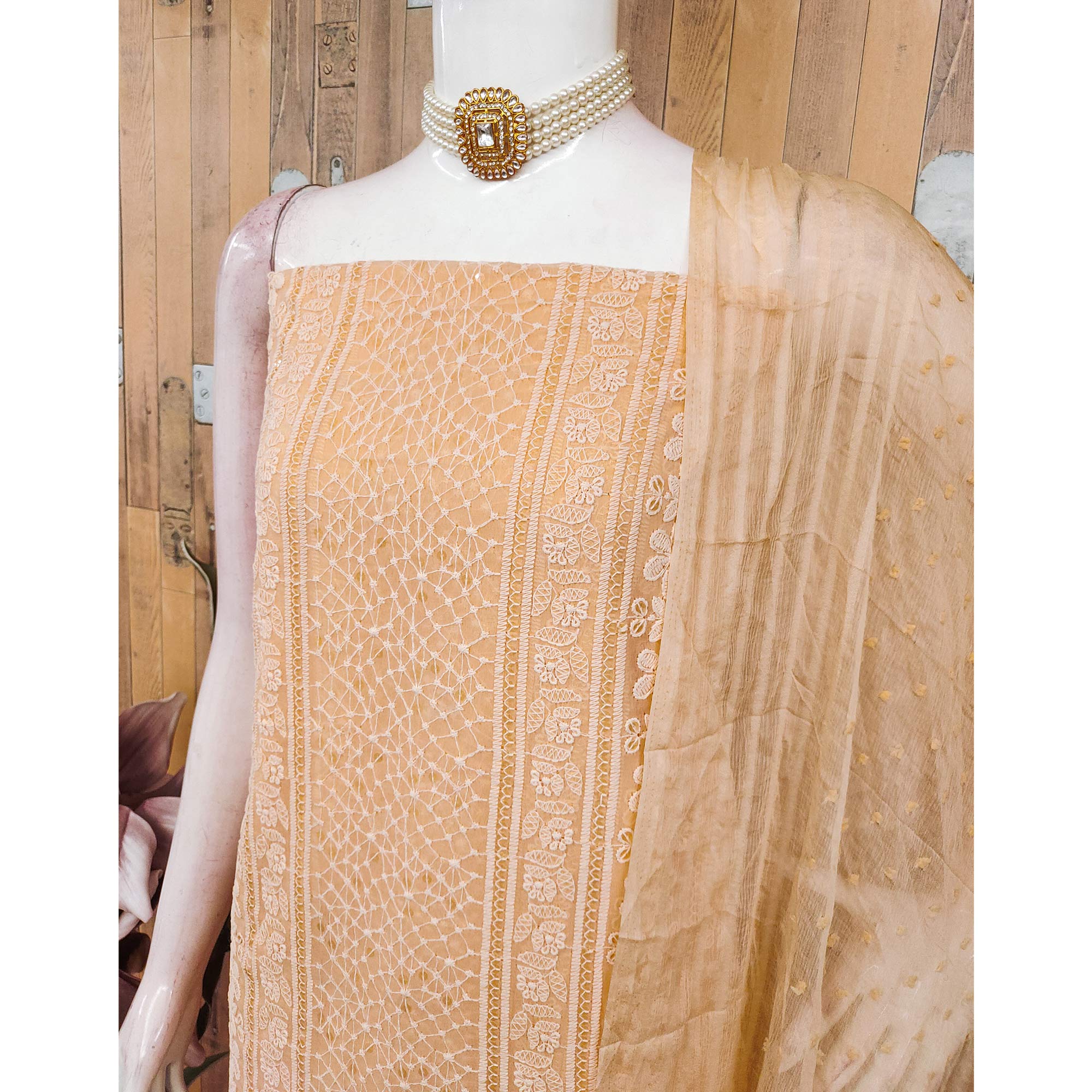 Elegant Light Peach Floral Embroidered Georgette Dress Material With Delicate Sequins Accents