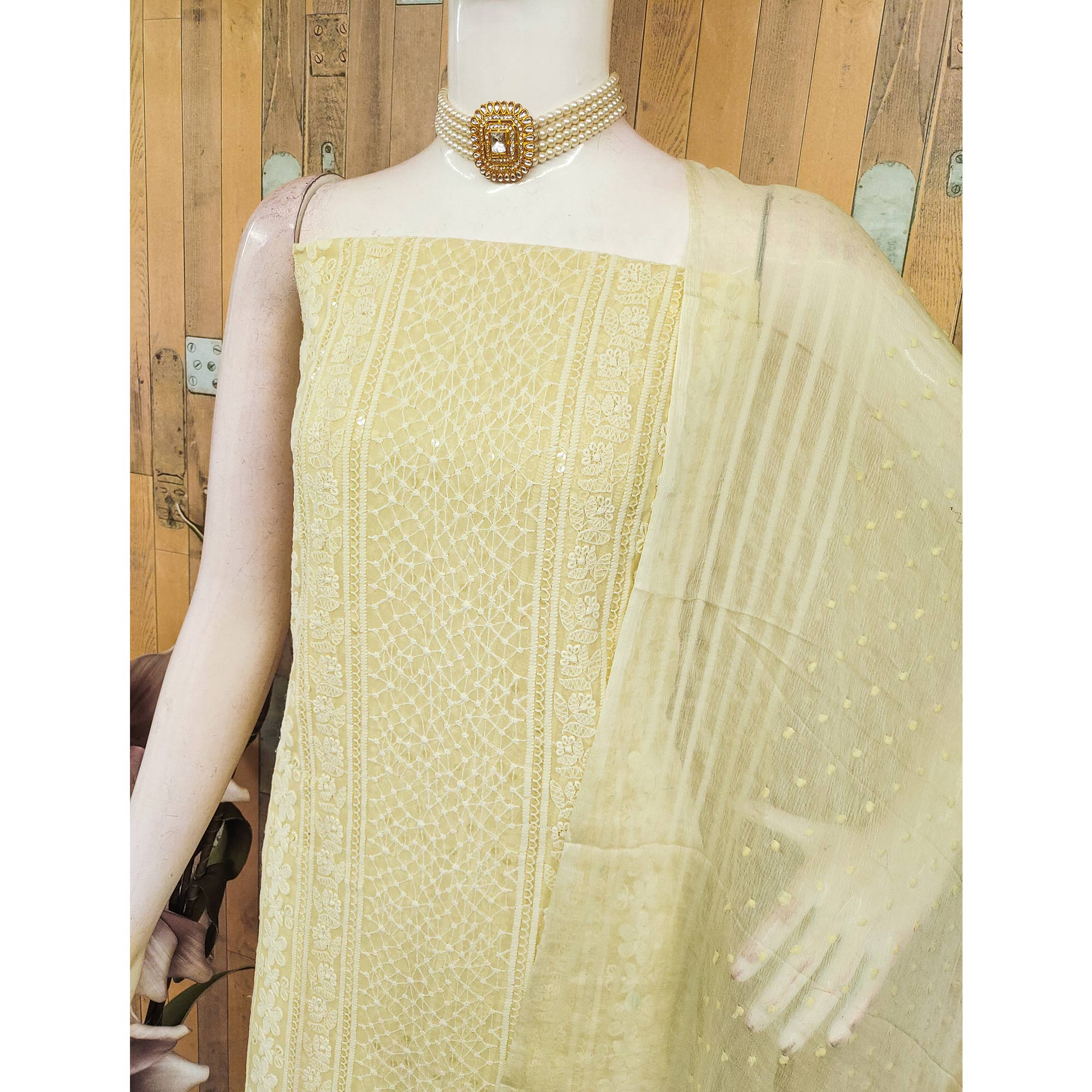 Elegant Light Yellow Floral Embroidered Georgette Dress Material With Delicate Sequins Accents
