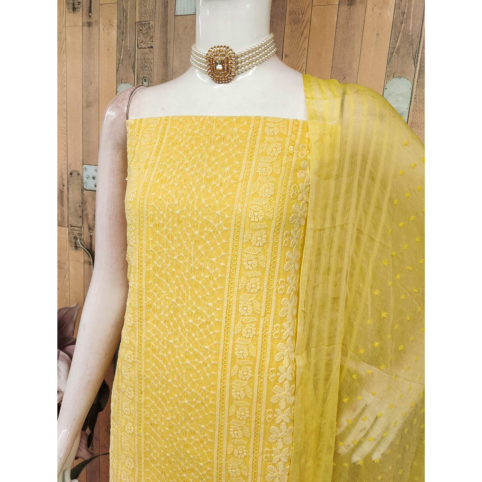 Elegant Yellow Floral Embroidered Georgette Dress Material With Delicate Sequins Accents
