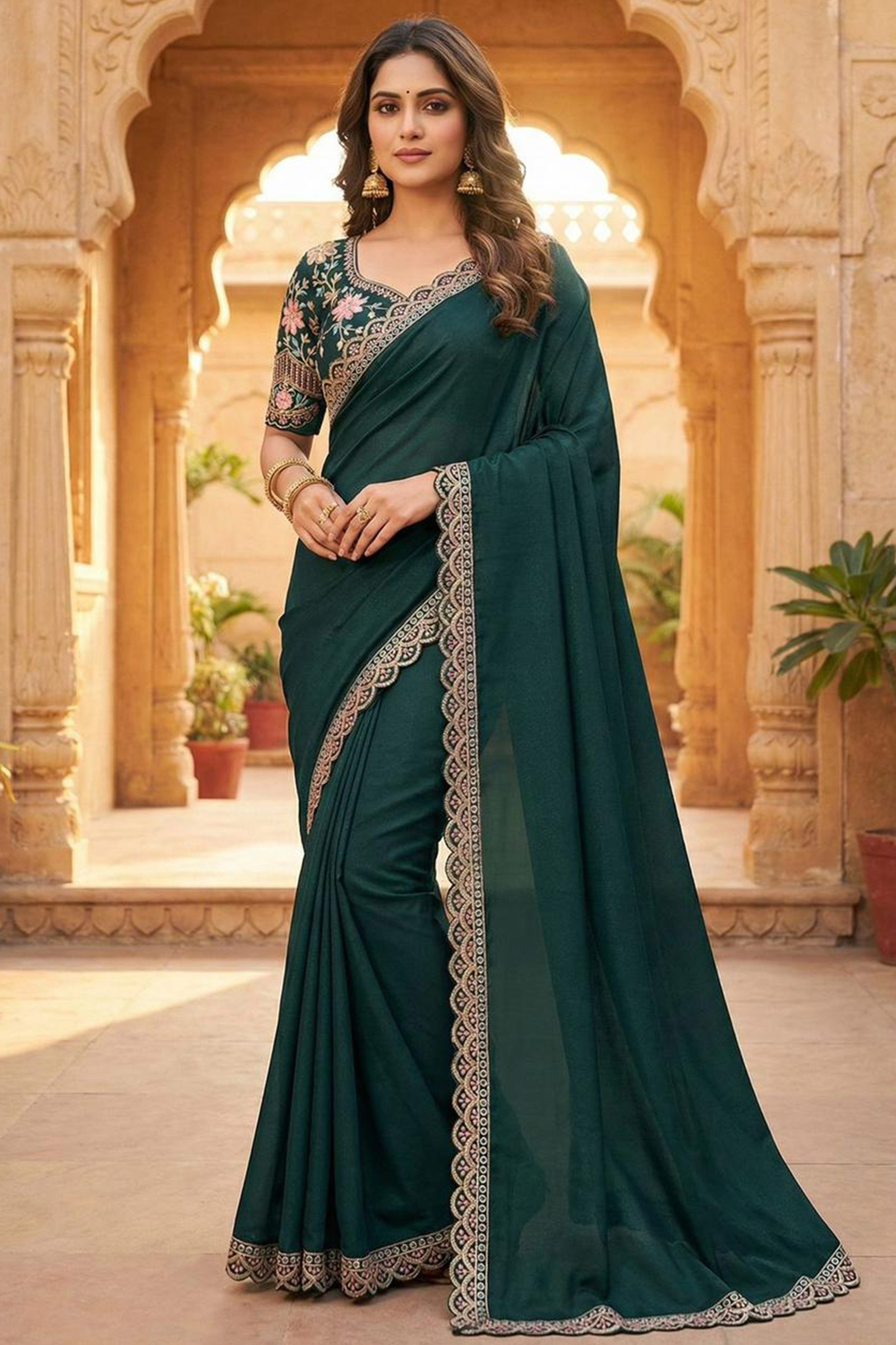 Bottle Green Solid Georgette Saree With Embroidered Blouse Piece And Embroidered Border