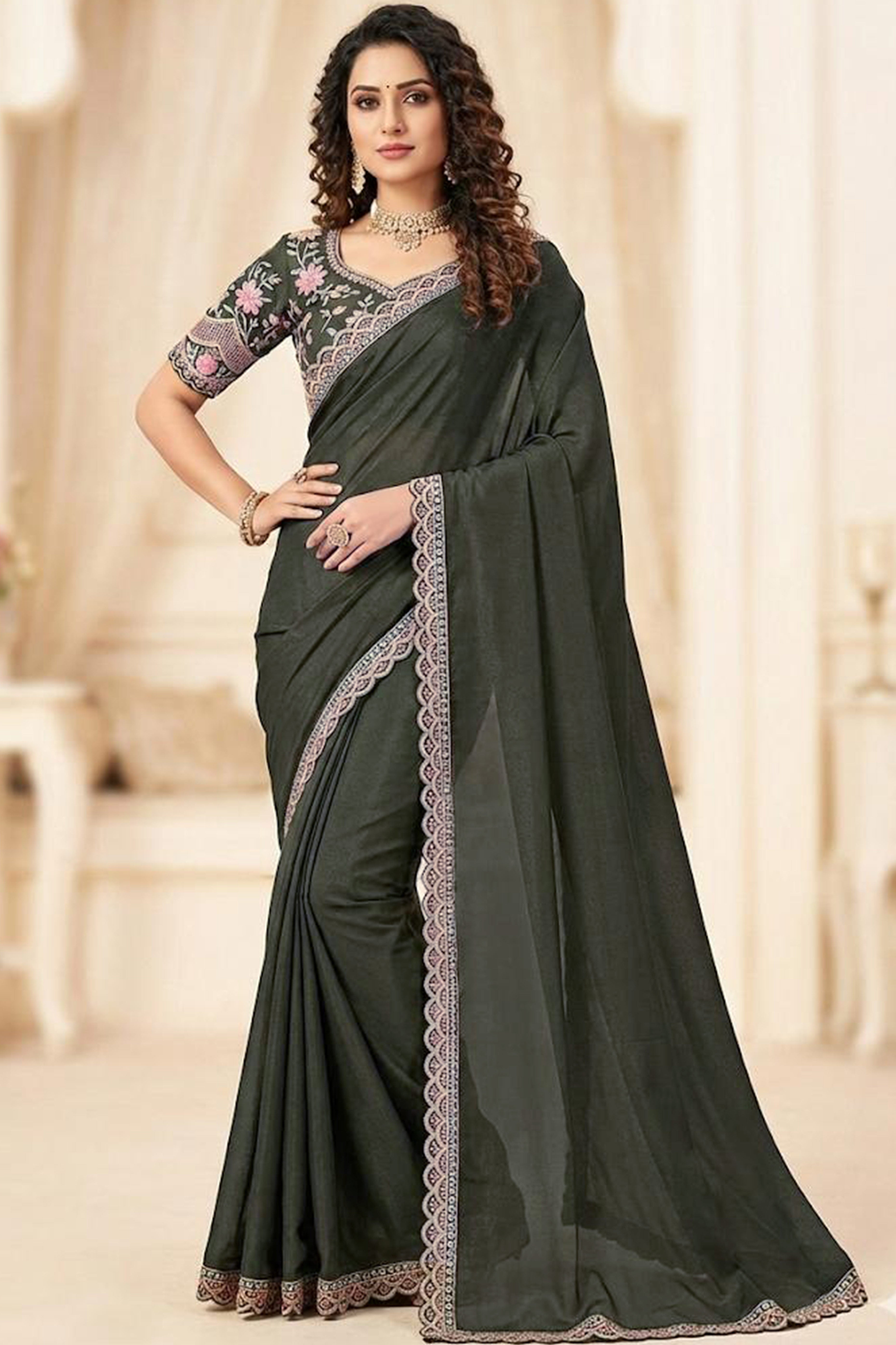 Mehendi Green Solid Georgette Saree With Embroidered Blouse Piece And Embroidered Border