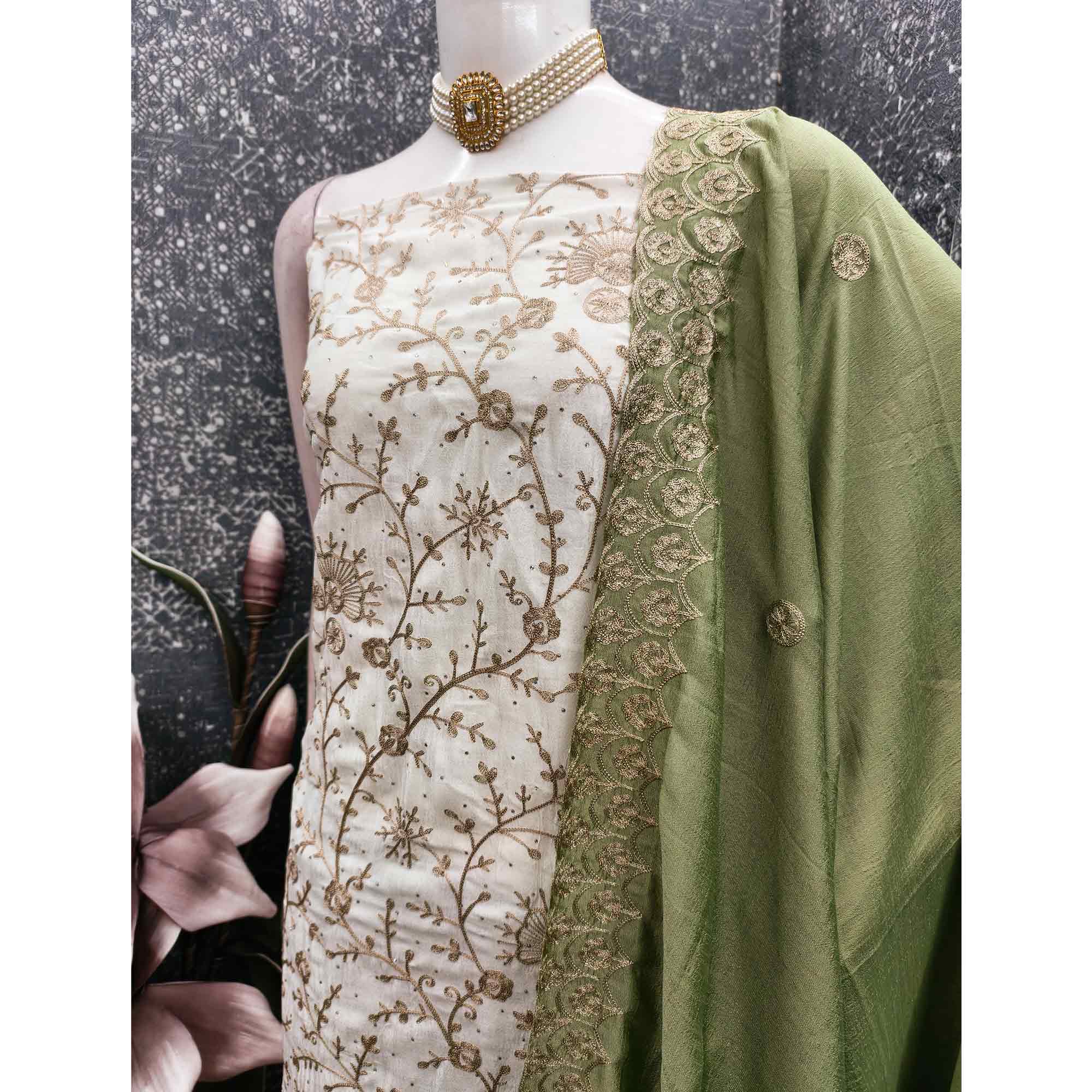 Off White Green Thread Motifs Vichitra Silk Unstitched Salwar Material