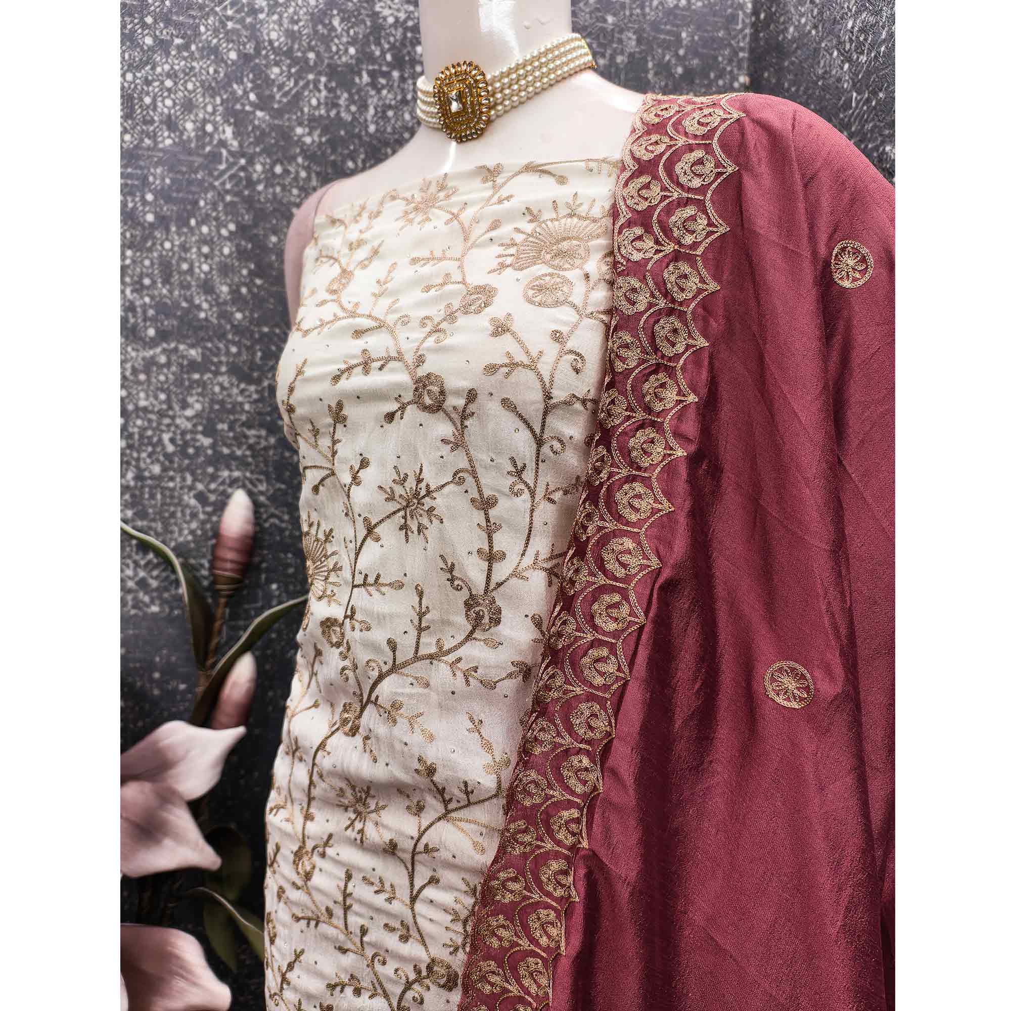 Off White Maroon Thread Motifs Vichitra Silk Unstitched Salwar Material
