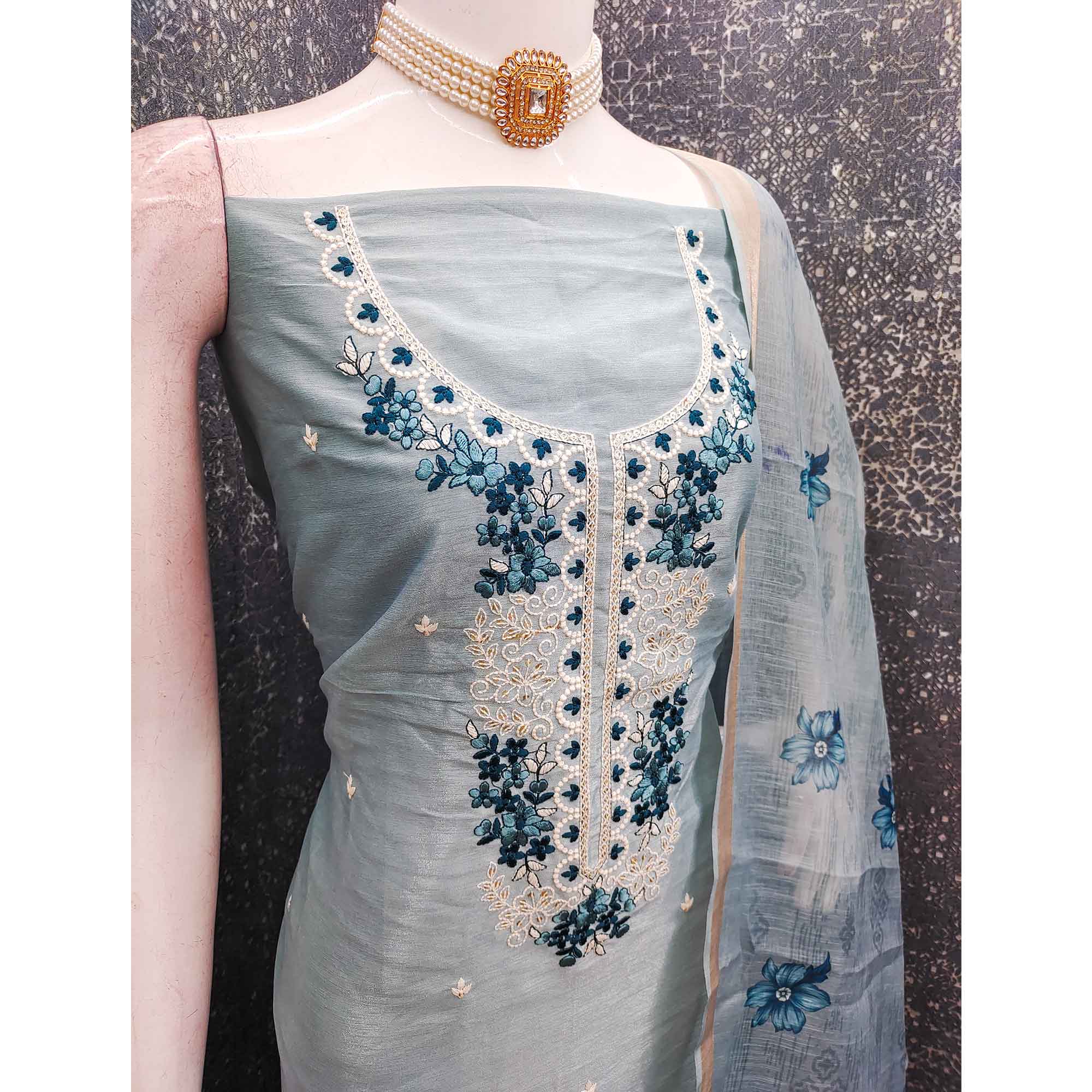 Elegant Sky Blue Floral Thread Embroidered Art Silk Dress Material Adorned With Shimmering Sequins