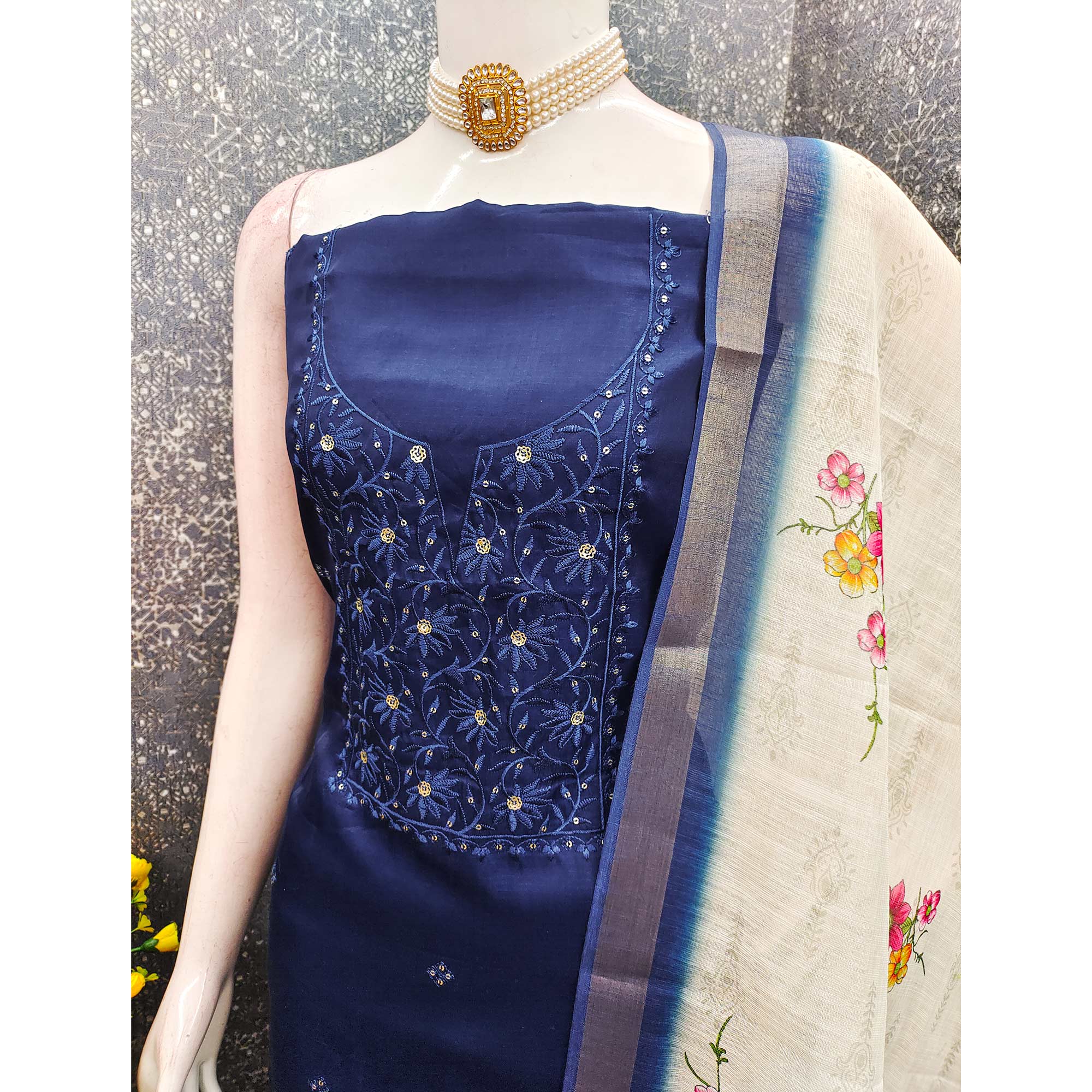Elegant Navy Blue Floral Thread Embroidered Tussar Silk Dress Material Adorned with Sequins Work