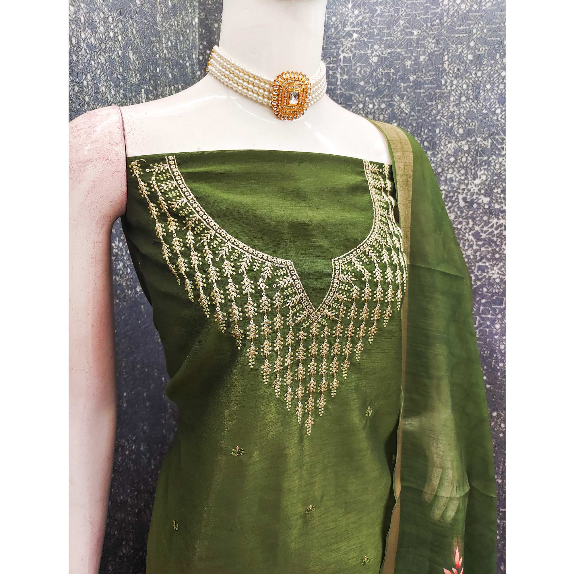Festive Green Floral Embroidered Art Silk Dress Material with Fine Thread Work