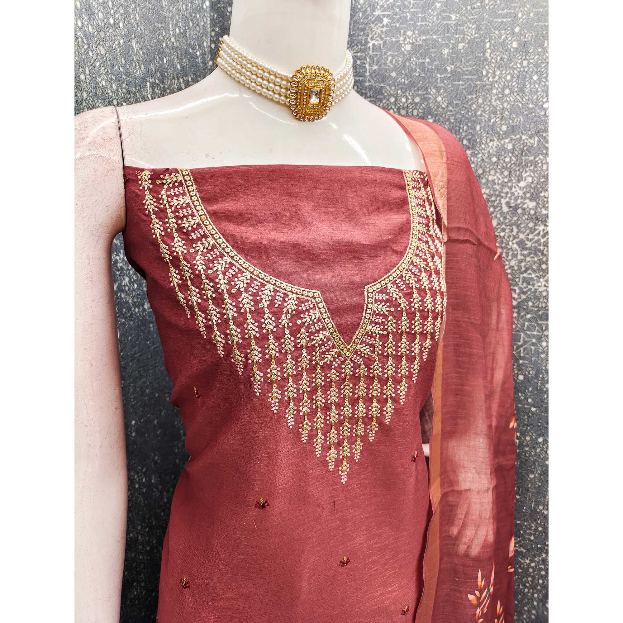 Festive Maroon Floral Embroidered Art Silk Dress Material with Fine Thread Work