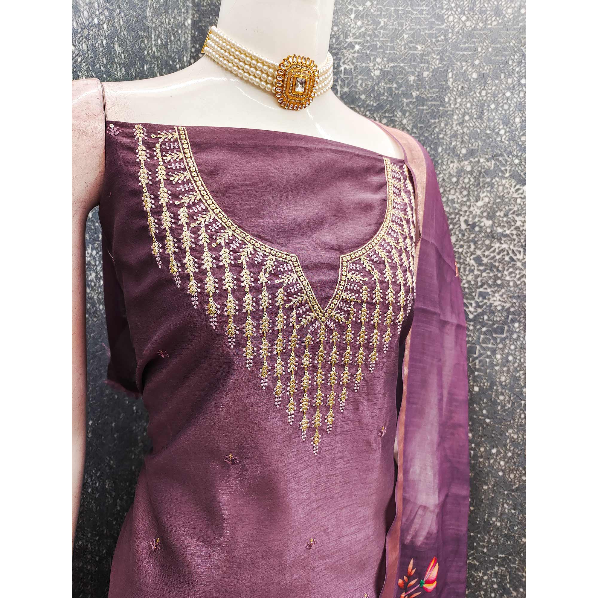 Festive Mauve Floral Embroidered Art Silk Dress Material with Fine Thread Work