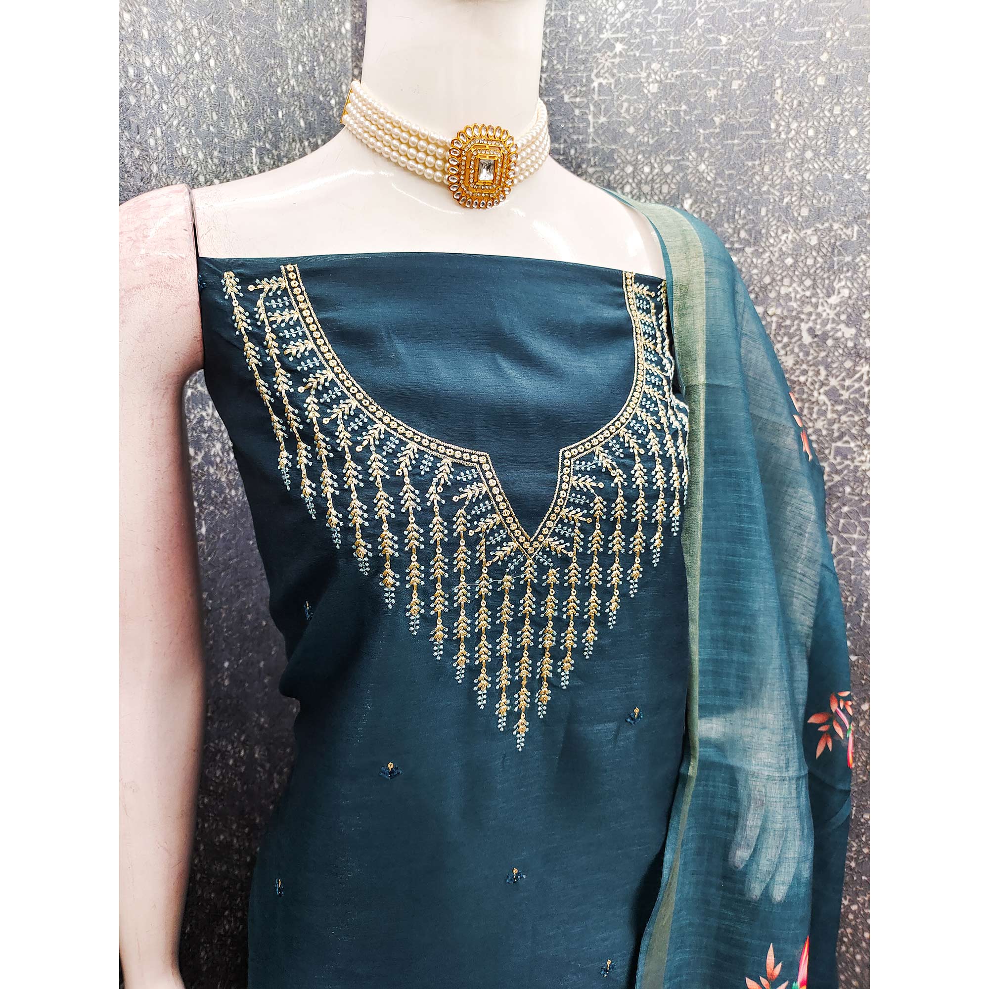 Festive Teal Floral Embroidered Art Silk Dress Material with Fine Thread Work