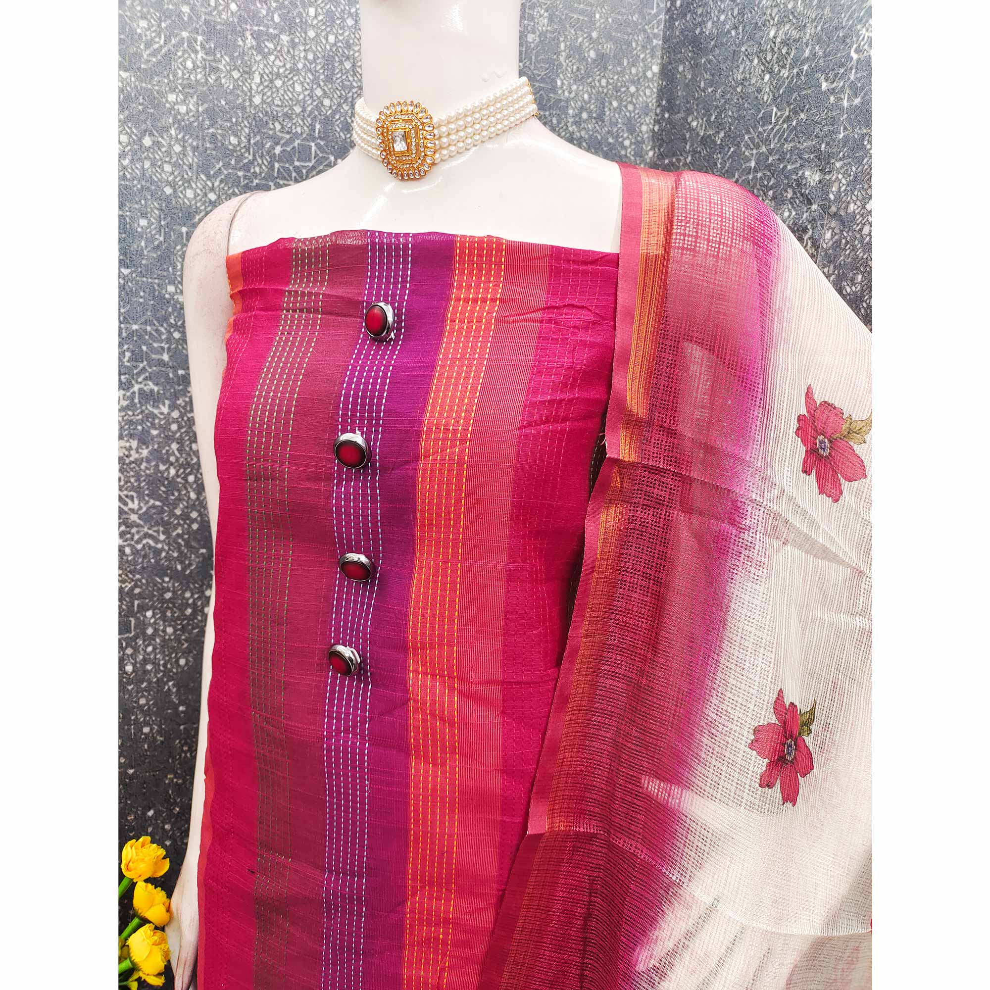 Lightweight Pink Pure Cotton Dress Material with Elegant Striped Finish