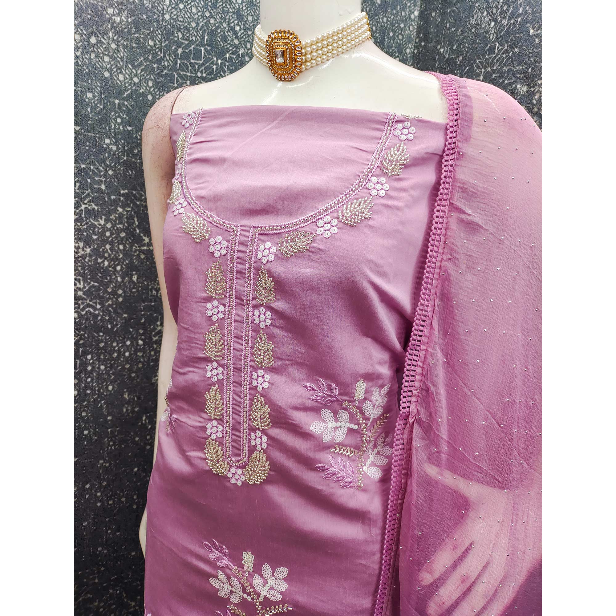 Pink Floral Embroidered Viscose Suit Fabric with Exquisite Beads Work