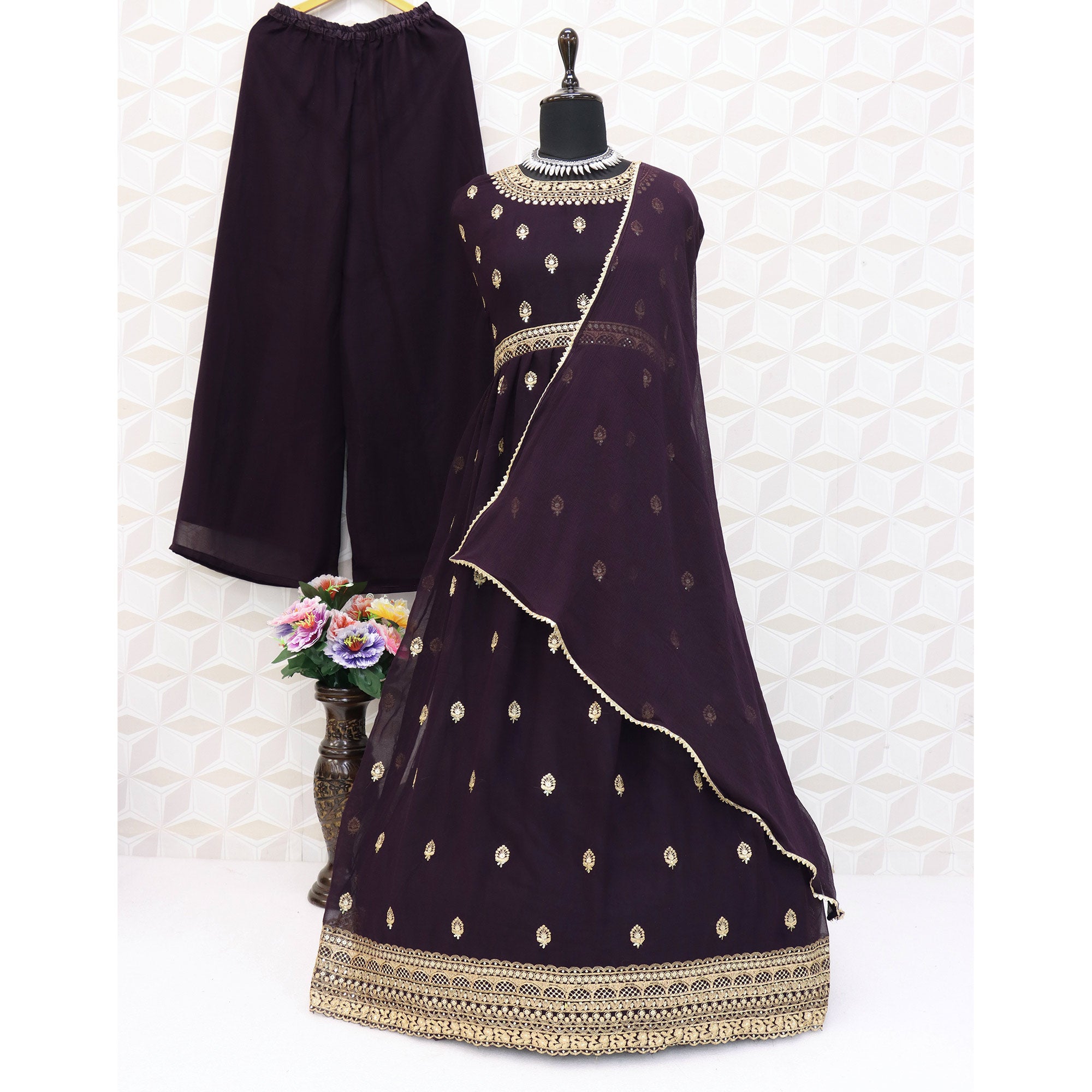 Purple Sequins Embroidered Georgette Naira Cut Semi Stitched Suit