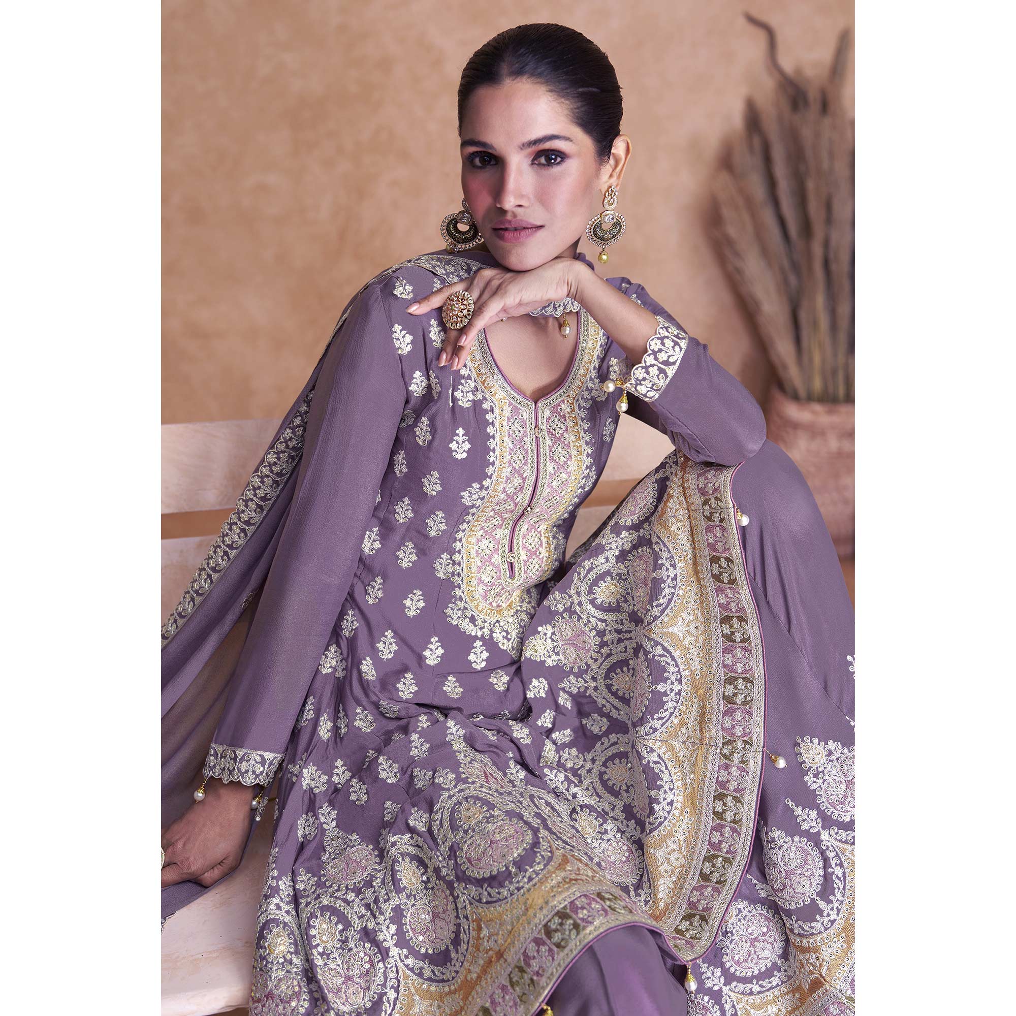 Light Purple Floral Embroidered Georgette Semi Stitched Suit