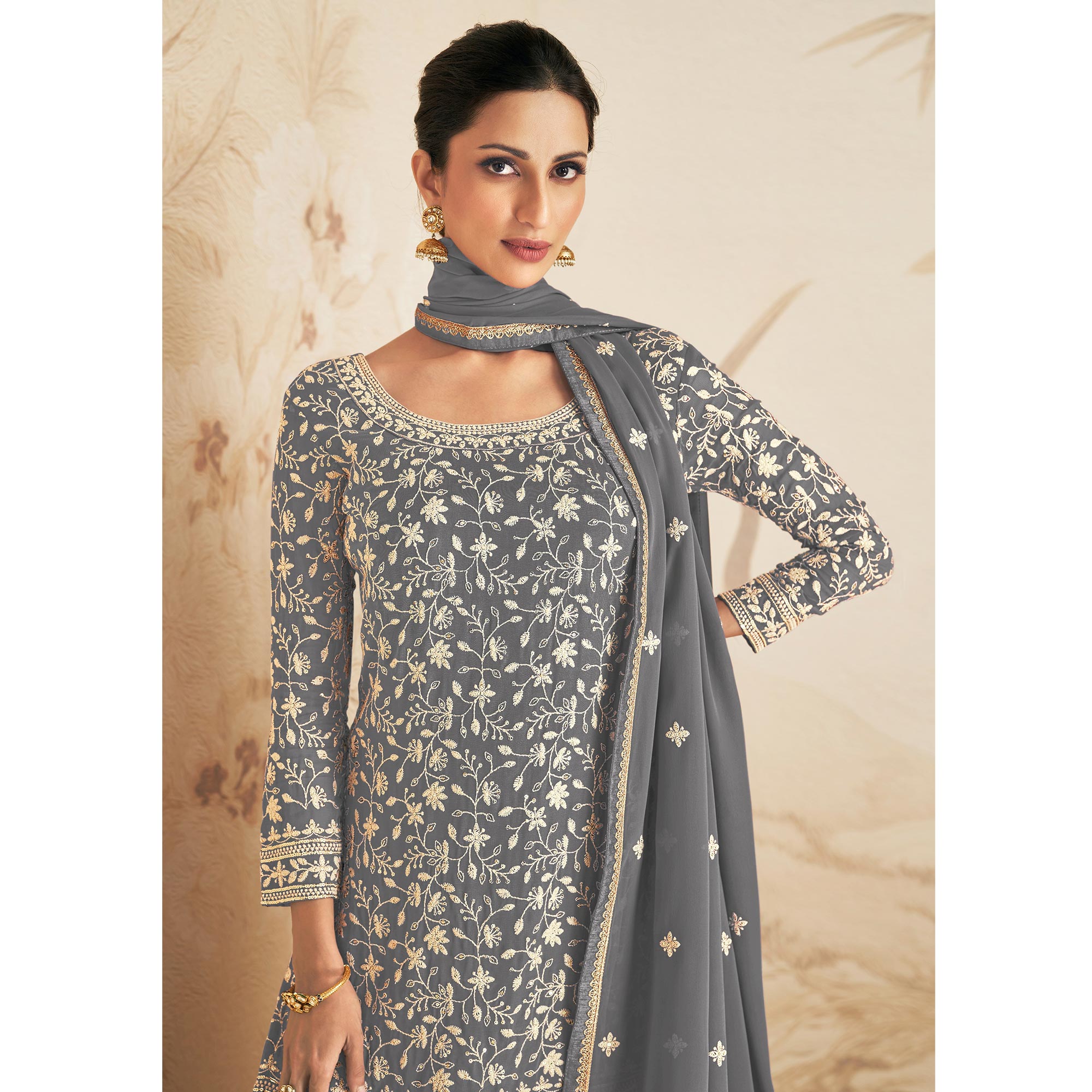 Grey Floral Embroidered Georgette Semi Stitched Sharara Suit