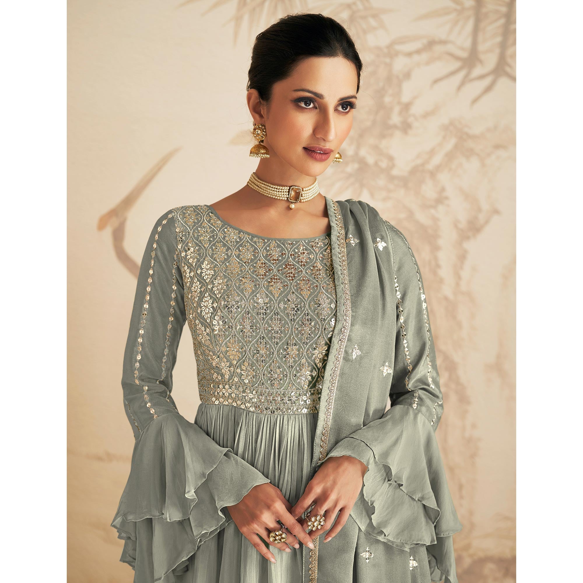Grey Sequins Embroidered Chinon Semi Stitched Sharara Suit