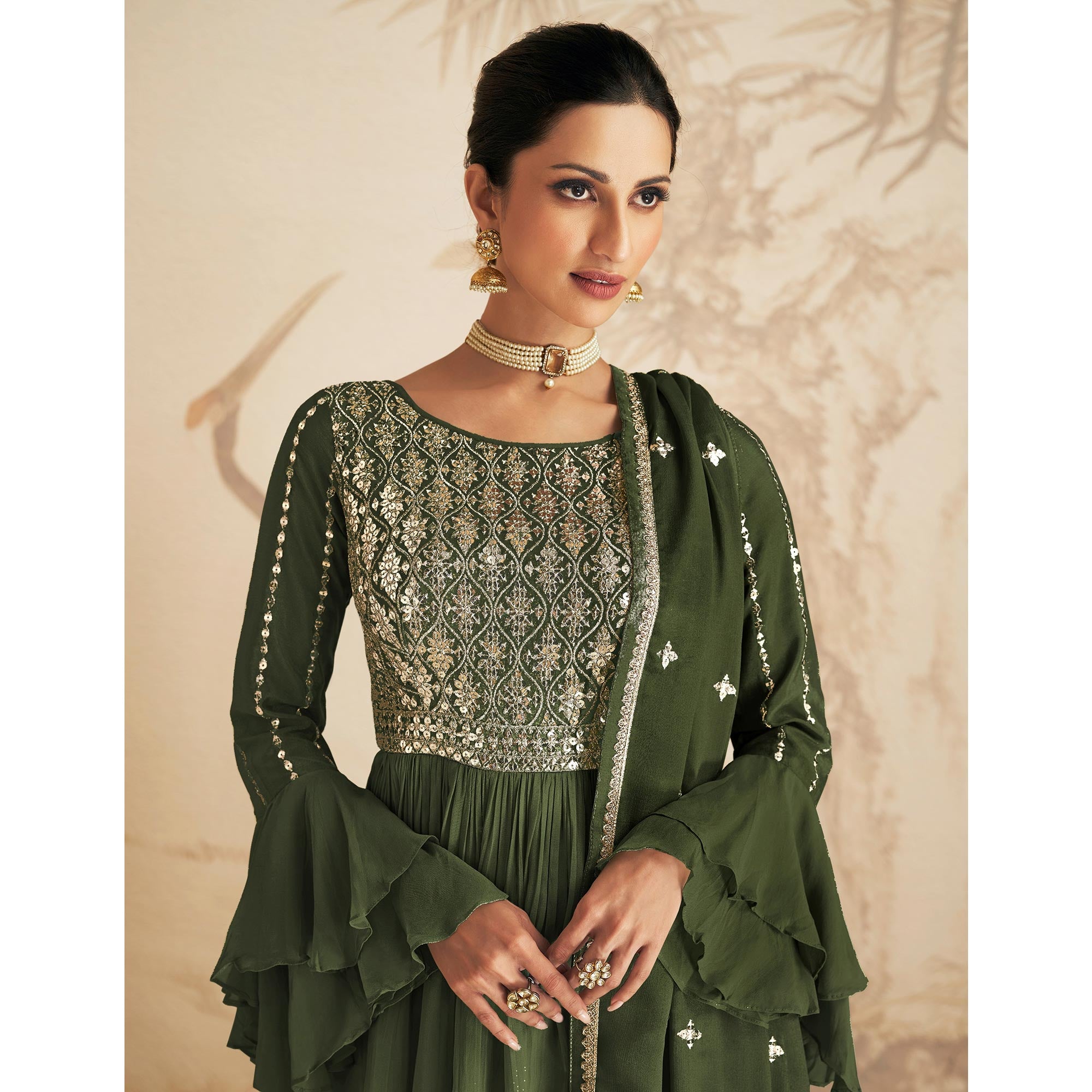 Mehendi Green Sequins Embroidered Chinon Semi Stitched Sharara Suit