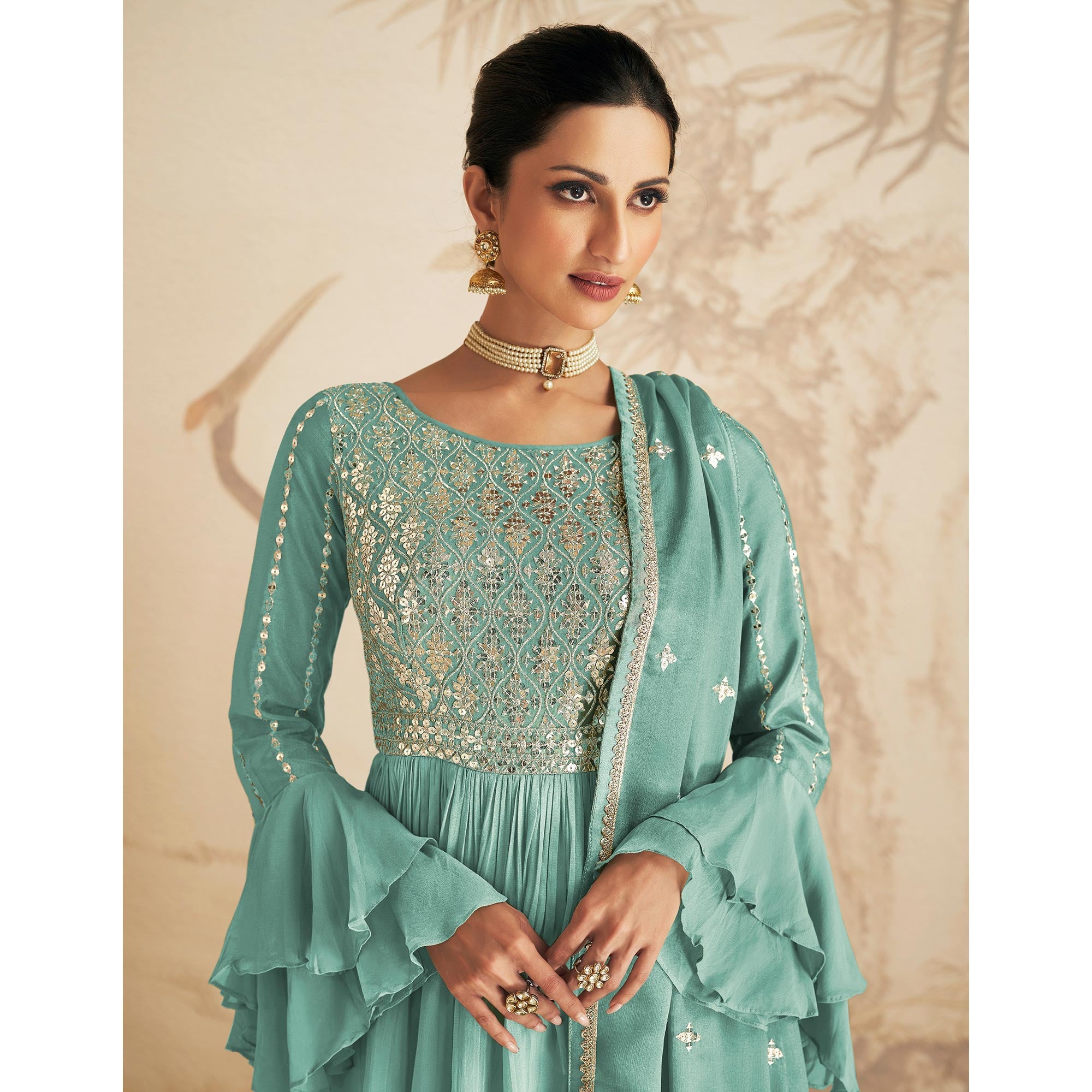 Blue Sequins Embroidered Chinon Semi Stitched Sharara Suit