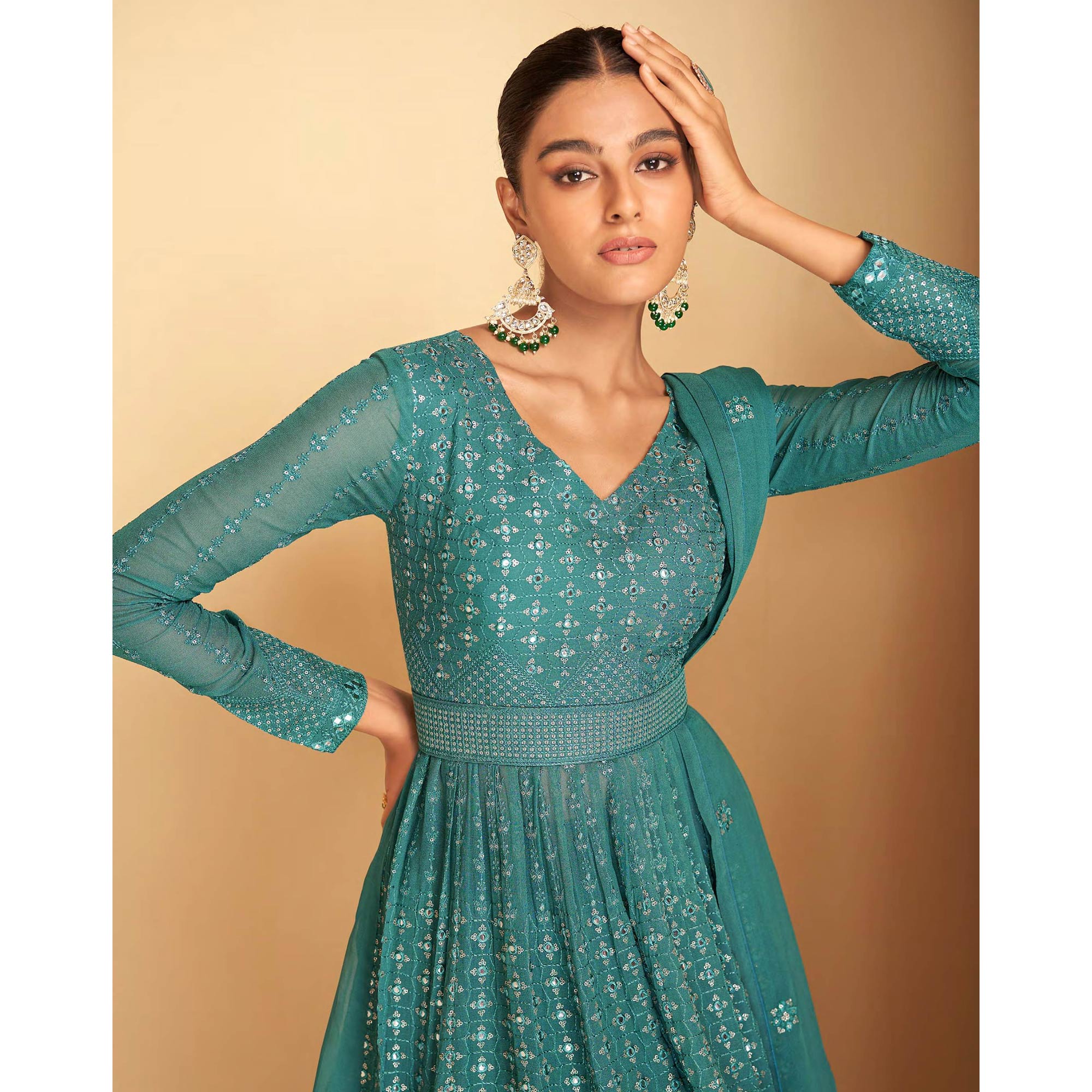 Rama Green Sequins Embroidered Georgette Semi Stitched Sharara Suit