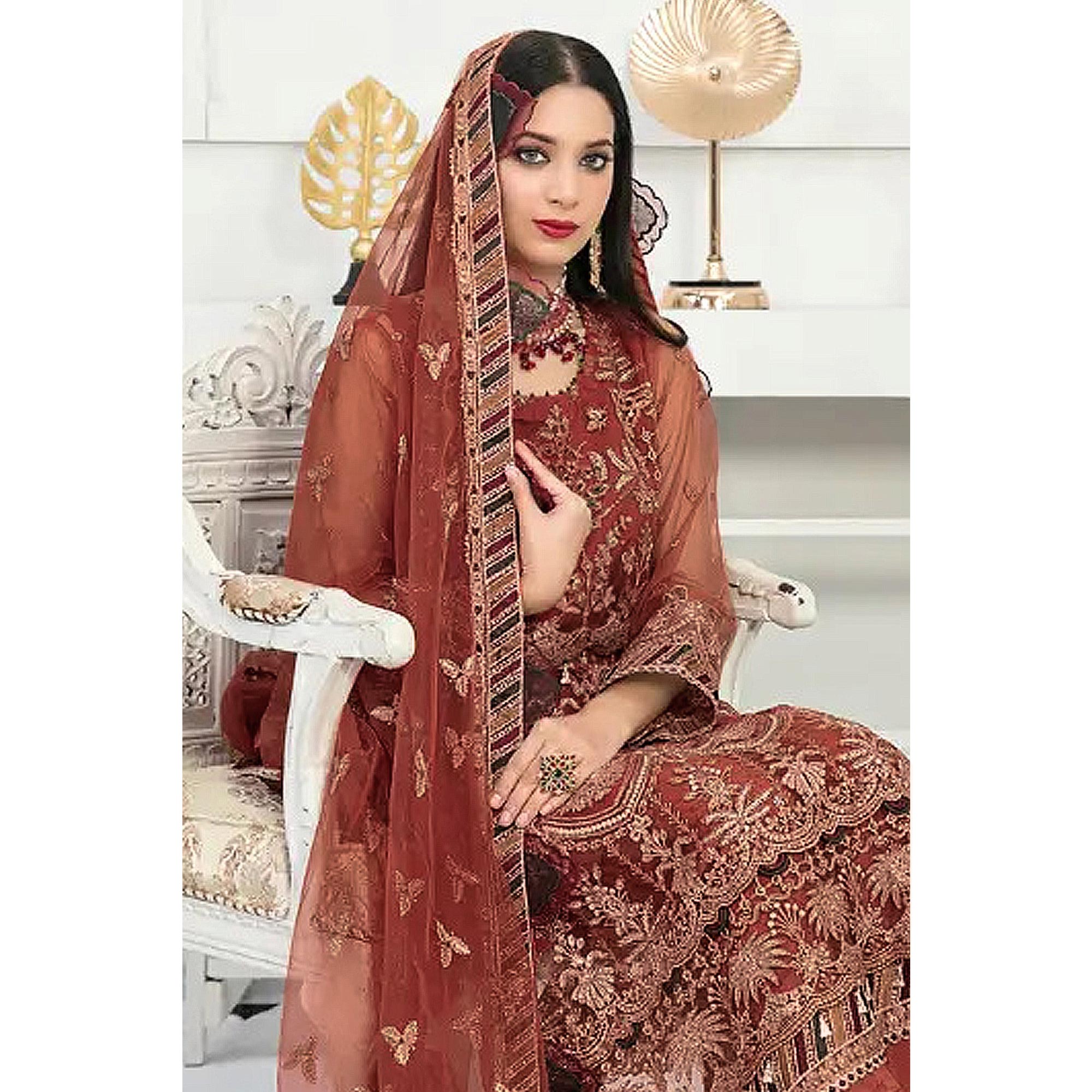 Rust Floral Embroidered Net Semi Stitched Pakistani Suit