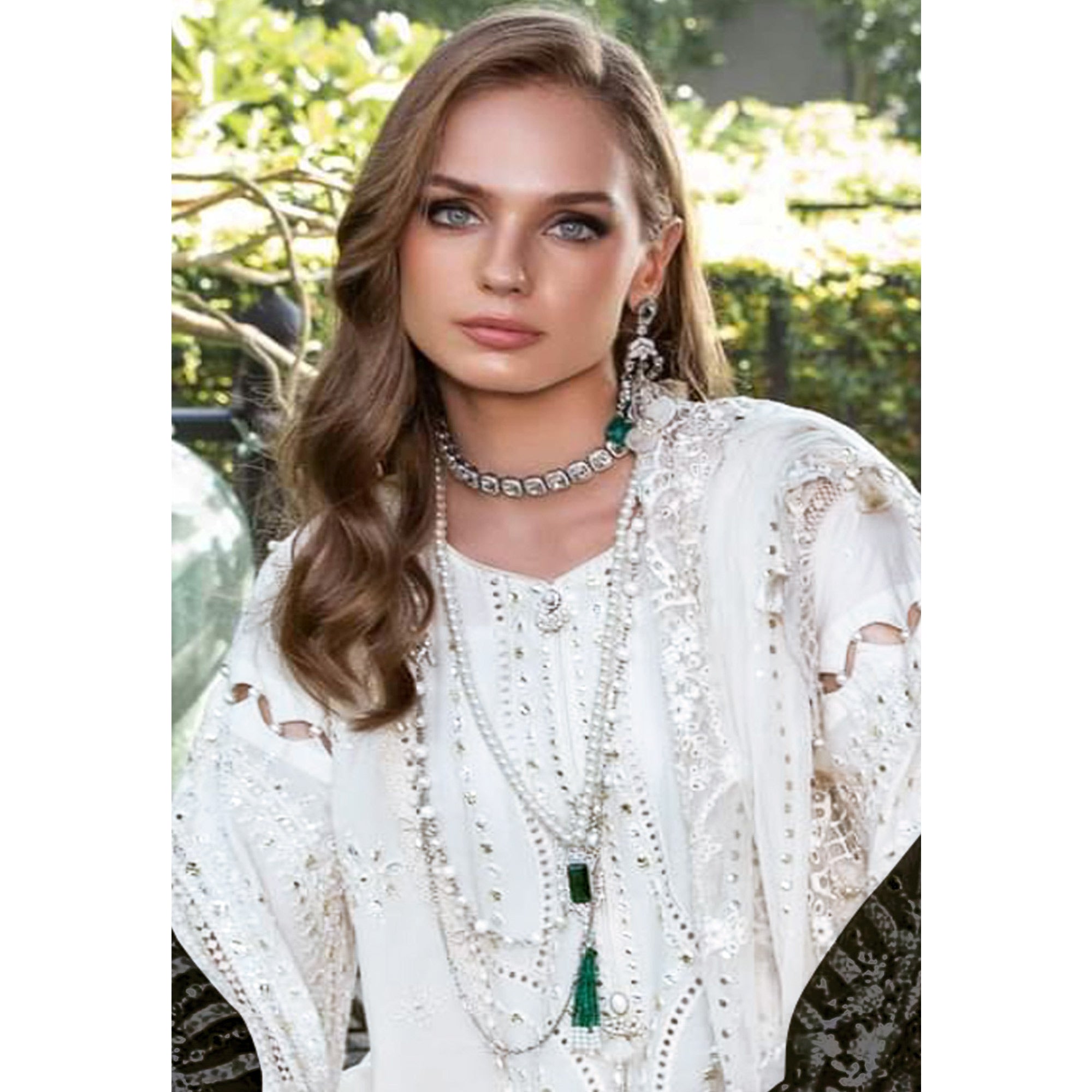 Cream Floral Embroidered Georgette Semi Stitched Pakistani Suit